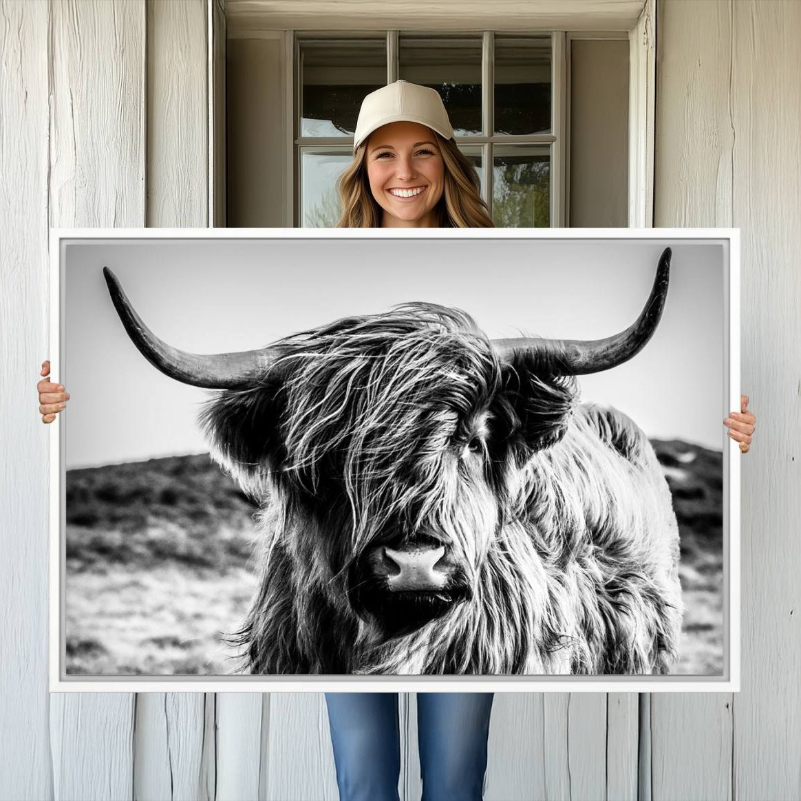 -Black and White Scottish Cow Canvas Wall Art Highland Cattle Canvas Print for Farmhouse Decor