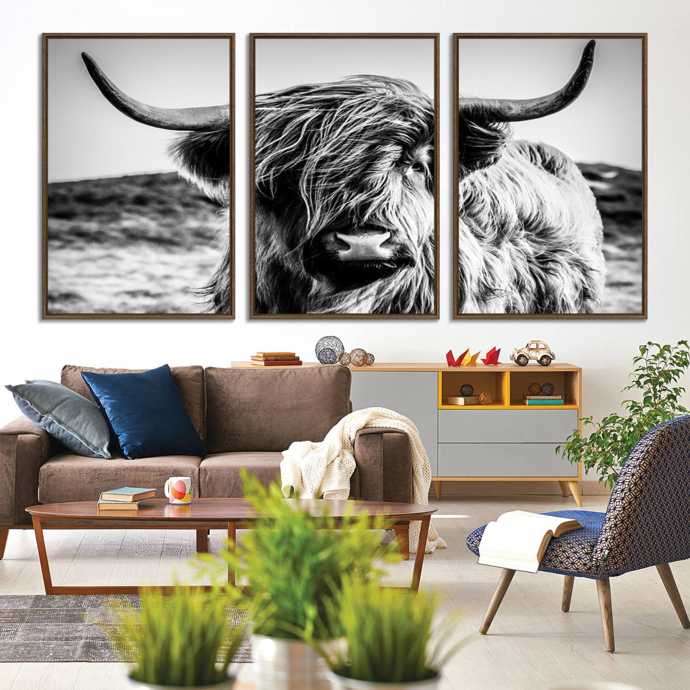 54309-MGV-CV-36X24-Black and White Scottish Cow Canvas Wall Art Highland Cattle Canvas Print for Farmhouse Decor