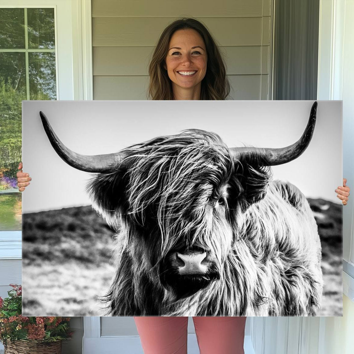 -Black and White Scottish Cow Canvas Wall Art Highland Cattle Canvas Print for Farmhouse Decor