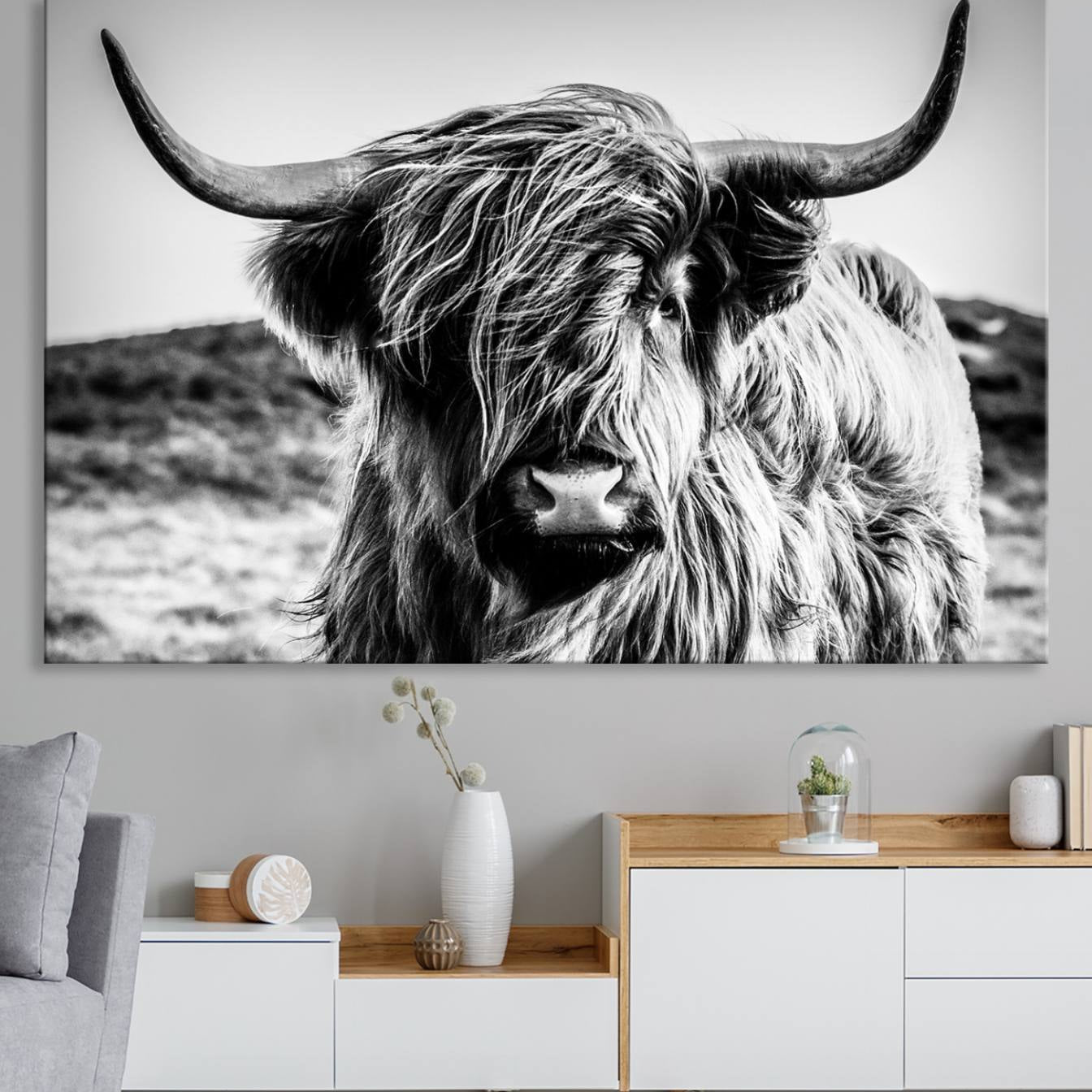 -Black and White Scottish Cow Canvas Wall Art Highland Cattle Canvas Print for Farmhouse Decor