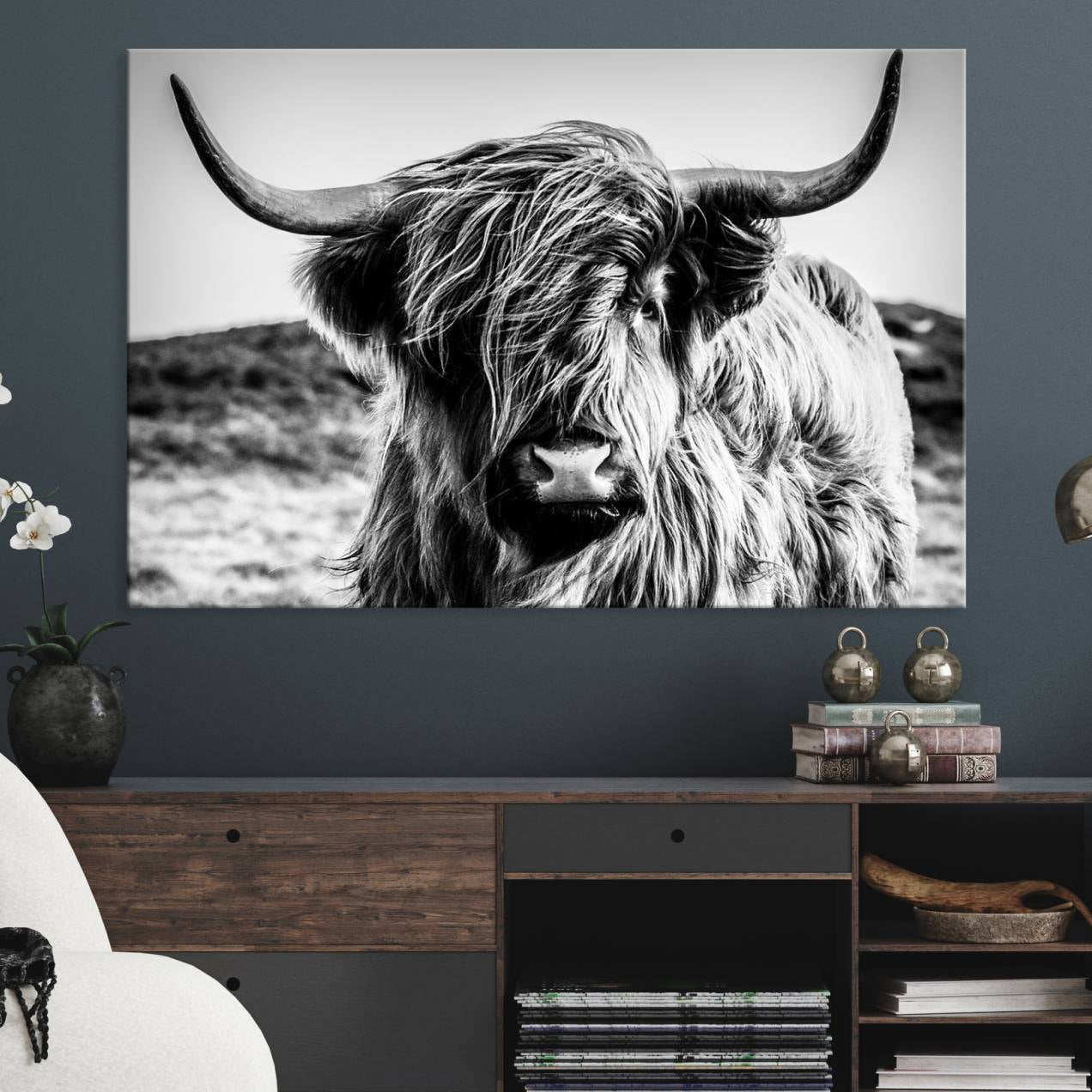 -Black and White Scottish Cow Canvas Wall Art Highland Cattle Canvas Print for Farmhouse Decor