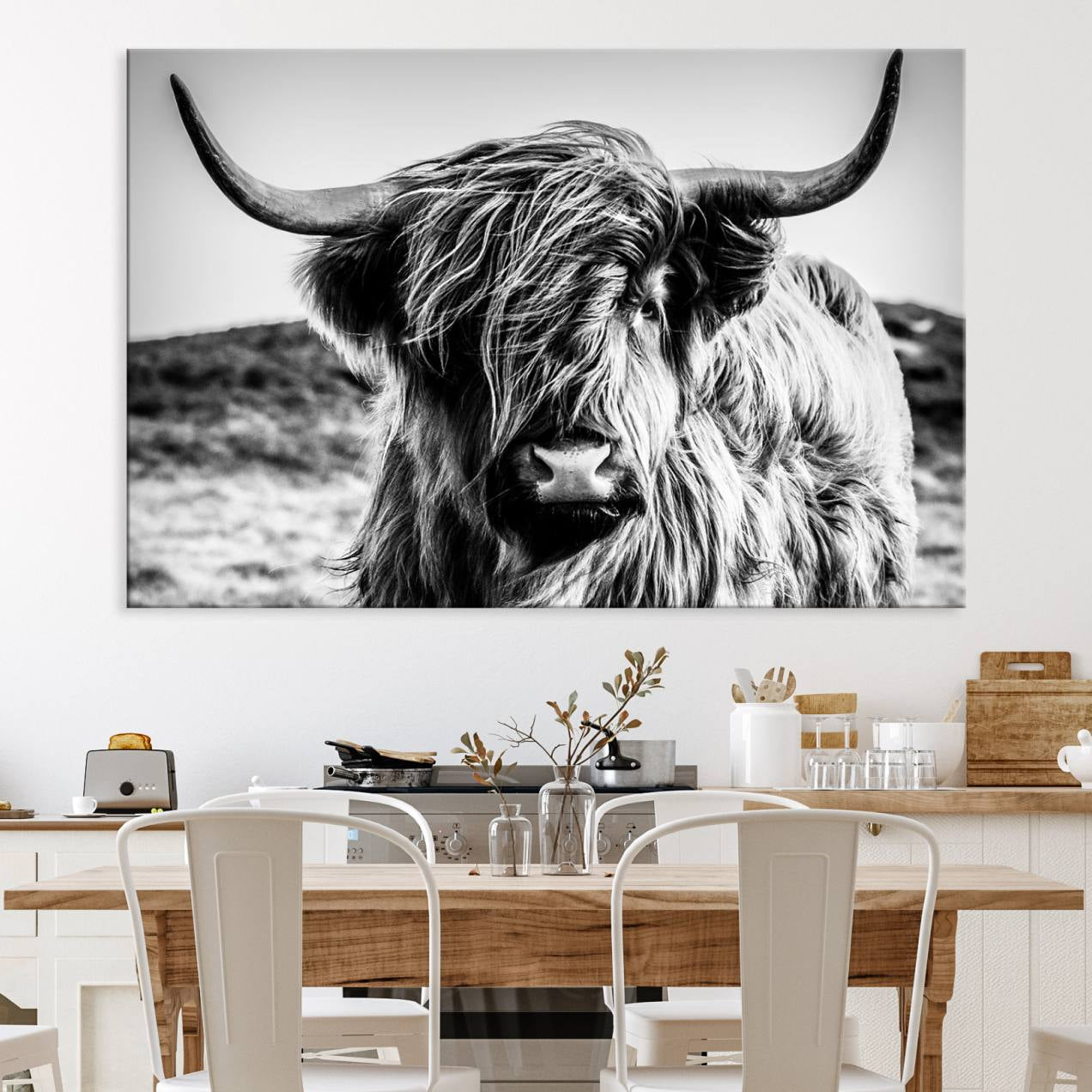 54309-MGV-CV-36X24-Black and White Scottish Cow Canvas Wall Art Highland Cattle Canvas Print for Farmhouse Decor