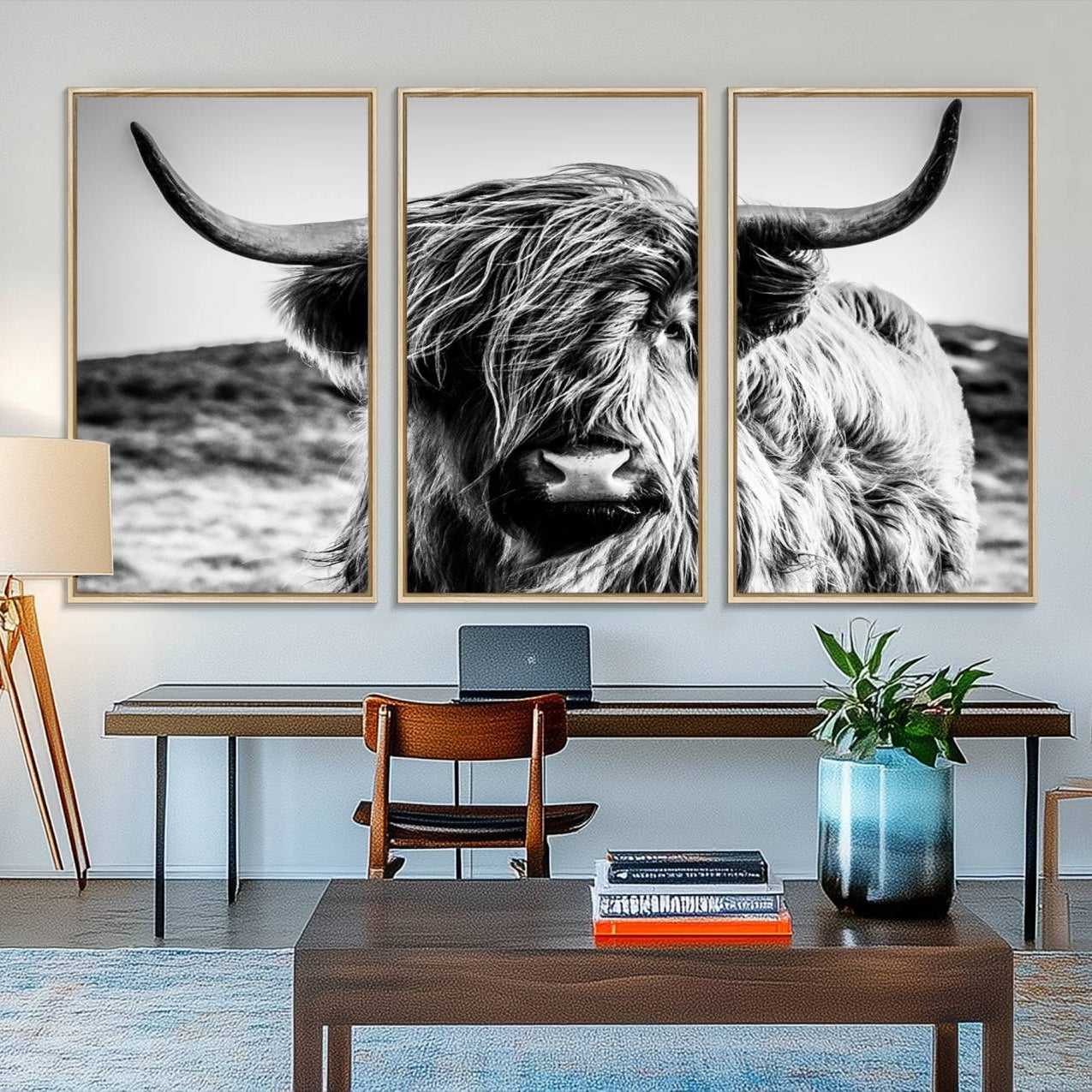 54309-MGV-FC-48X32-3P_Natural-Black and White Scottish Cow Canvas Wall Art Highland Cattle Canvas Print for Farmhouse Decor