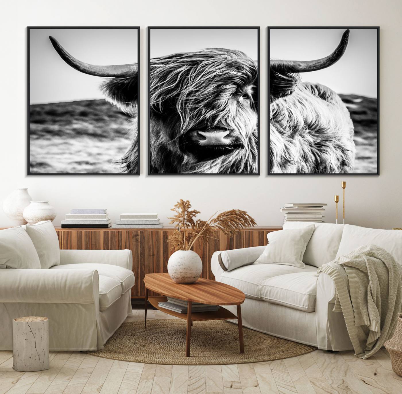 54309-MGV-FC-60X30-3P_Black-Black and White Scottish Cow Canvas Wall Art Highland Cattle Canvas Print for Farmhouse Decor