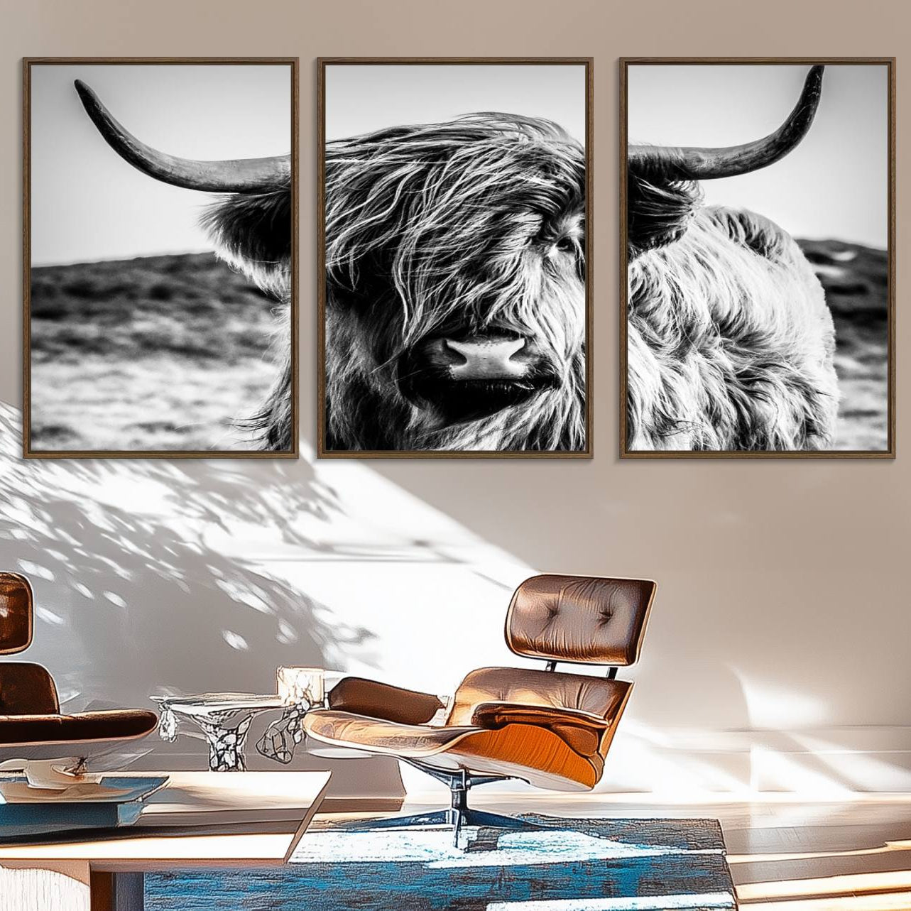 54309-MGV-FC-60X30-3P_Walnut-Black and White Scottish Cow Canvas Wall Art Highland Cattle Canvas Print for Farmhouse Decor
