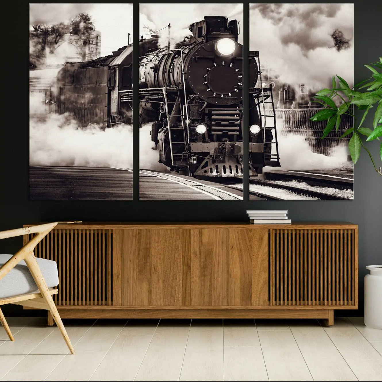 -Black and White Steam Locomotive Canvas Wall Art Print