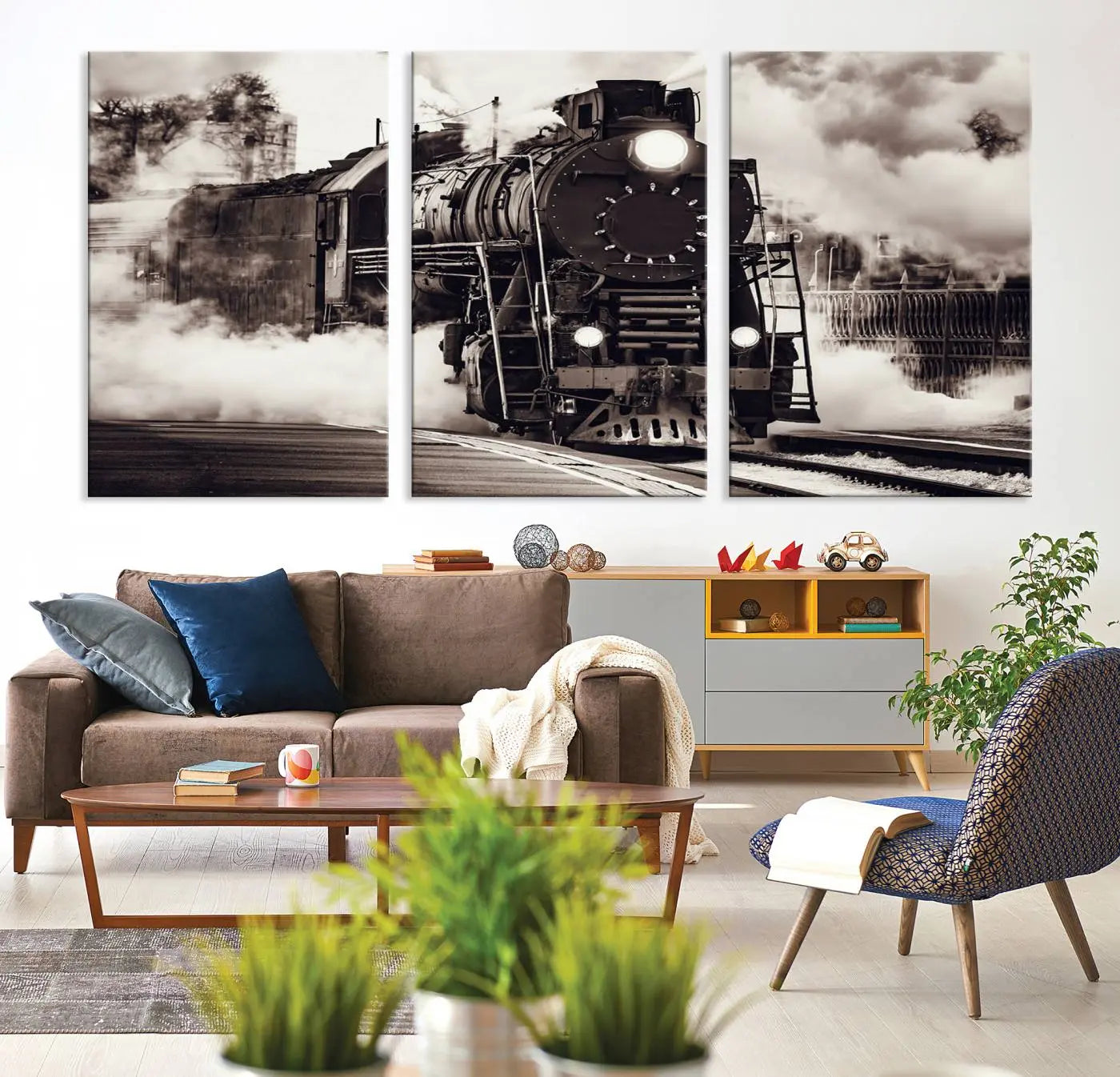 -Black and White Steam Locomotive Canvas Wall Art Print