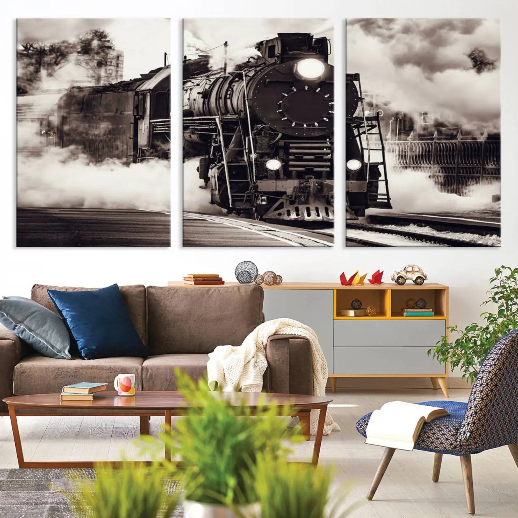 29695-MGV-CV-36X24-Black and White Steam Locomotive Canvas Wall Art Print