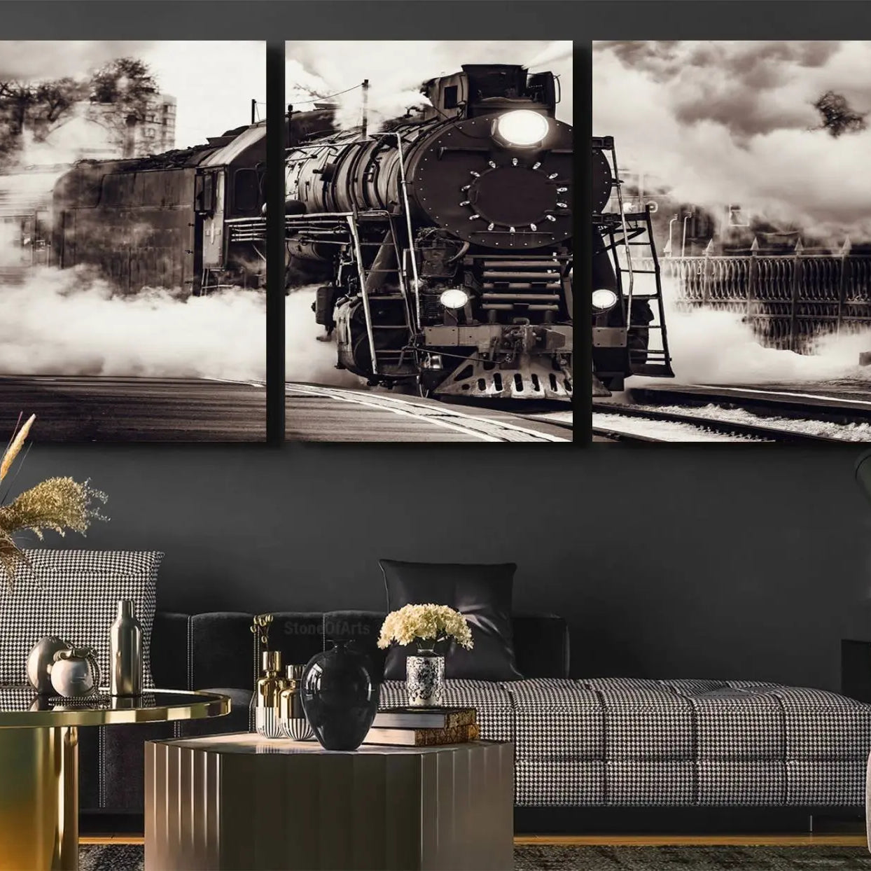 -Black and White Steam Locomotive Canvas Wall Art Print