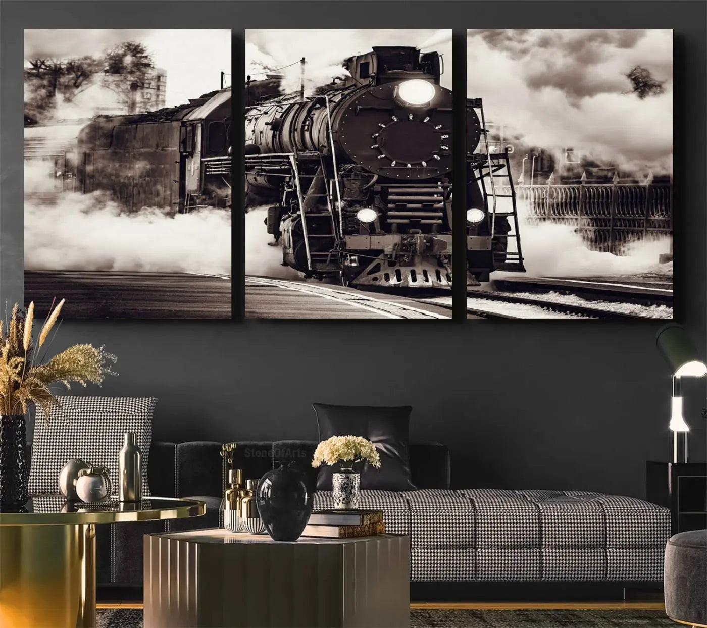 -Black and White Steam Locomotive Canvas Wall Art Print