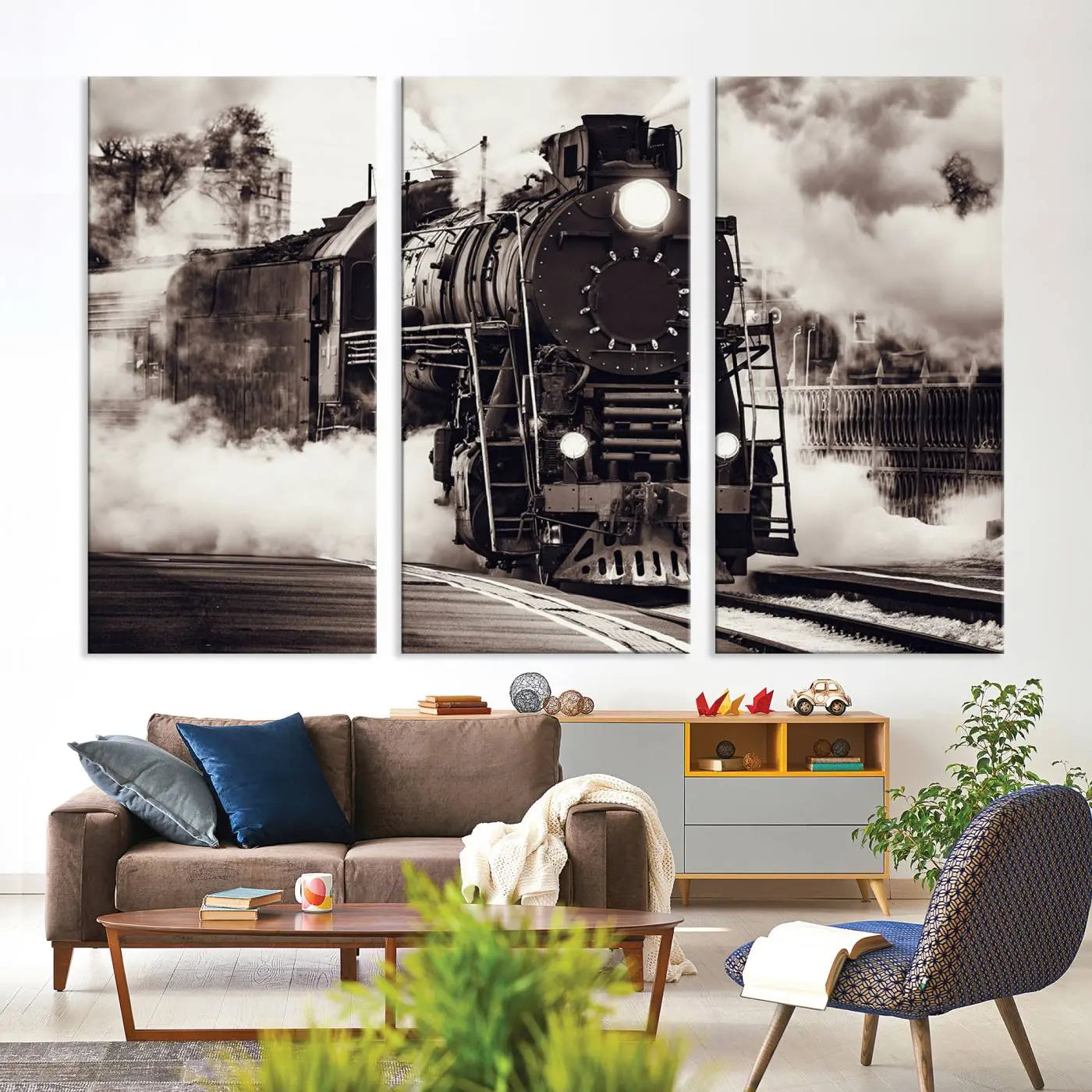 29695-MGV-CV-36X24-Black and White Steam Locomotive Canvas Wall Art Print