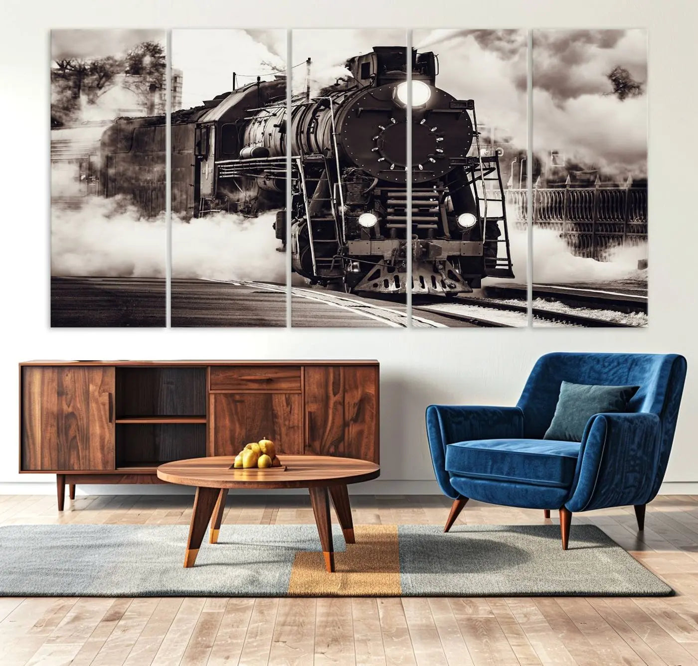 -Black and White Steam Locomotive Canvas Wall Art Print