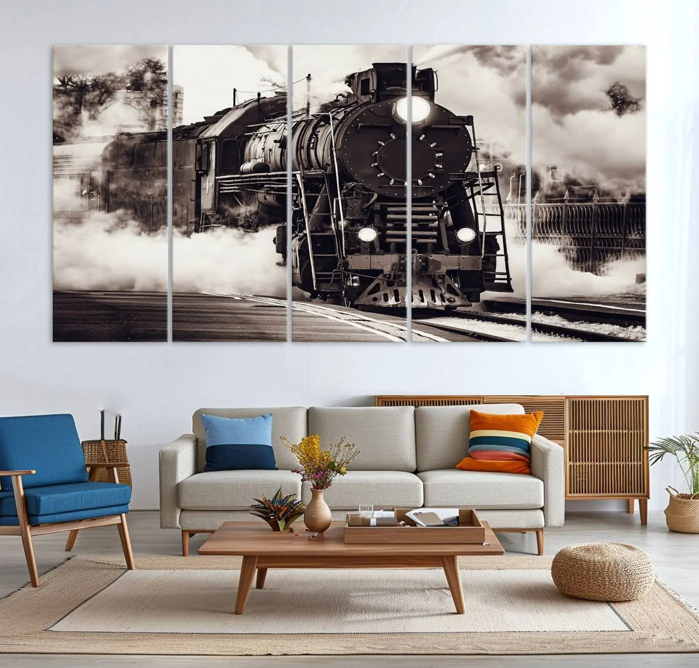 -Black and White Steam Locomotive Canvas Wall Art Print