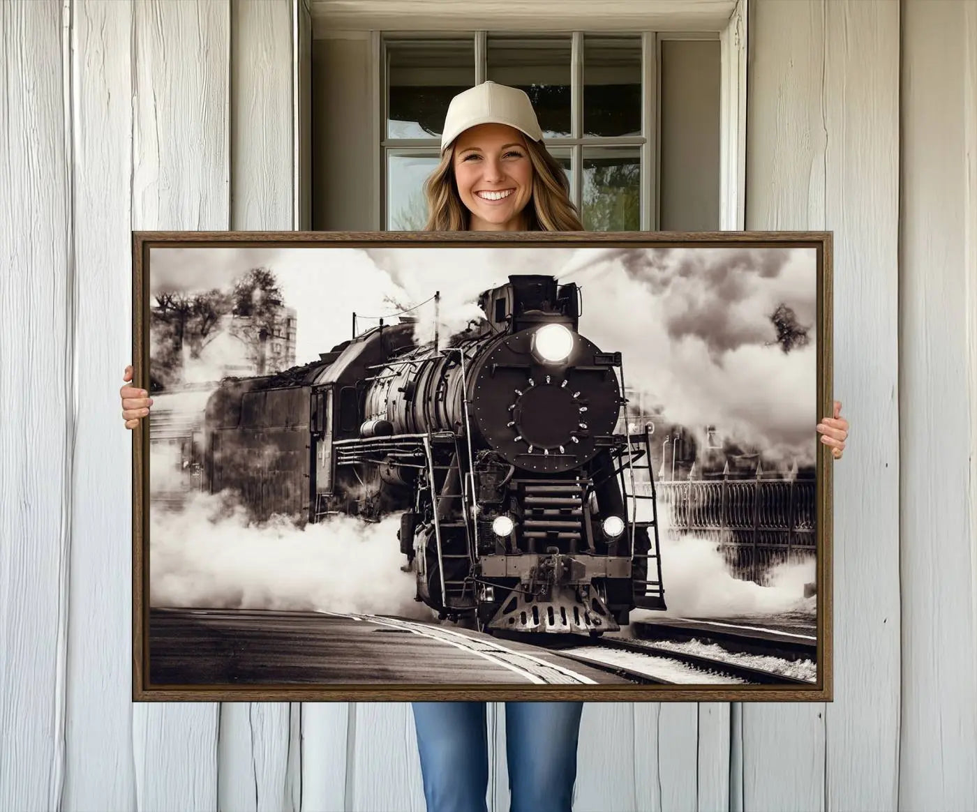 -Black and White Steam Locomotive Canvas Wall Art Print