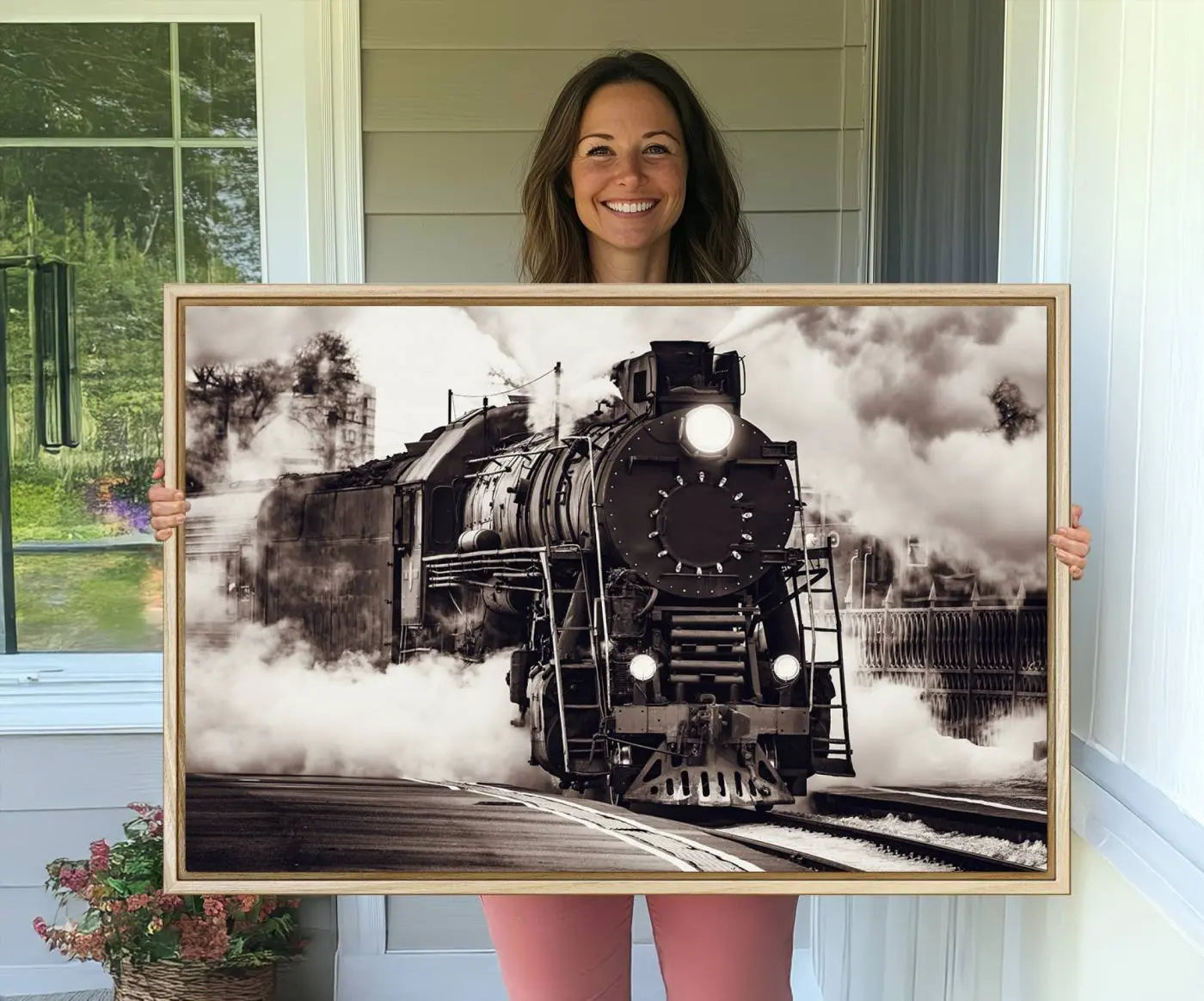 -Black and White Steam Locomotive Canvas Wall Art Print