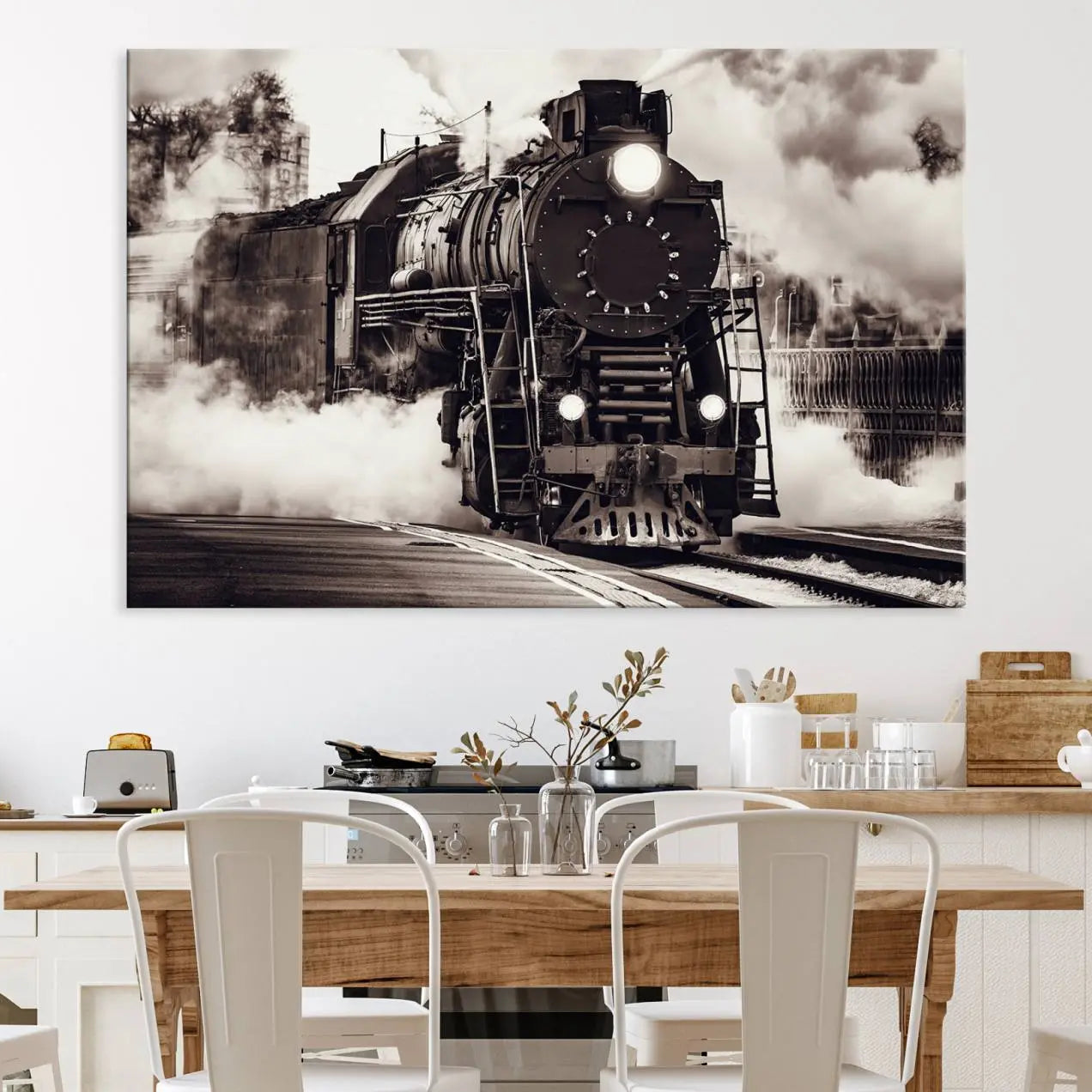 29695-MGV-CV-36X24-Black and White Steam Locomotive Canvas Wall Art Print