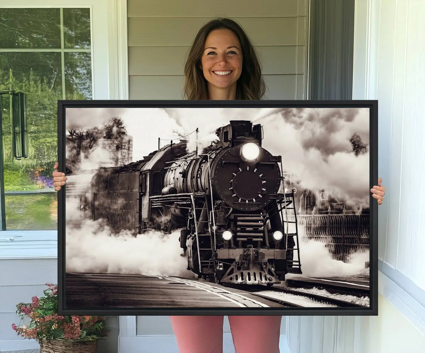 -Black and White Steam Locomotive Canvas Wall Art Print