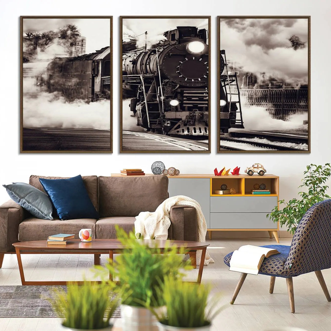 -Black and White Steam Locomotive Canvas Wall Art Print