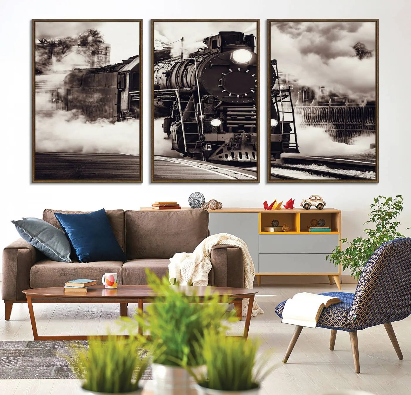 -Black and White Steam Locomotive Canvas Wall Art Print