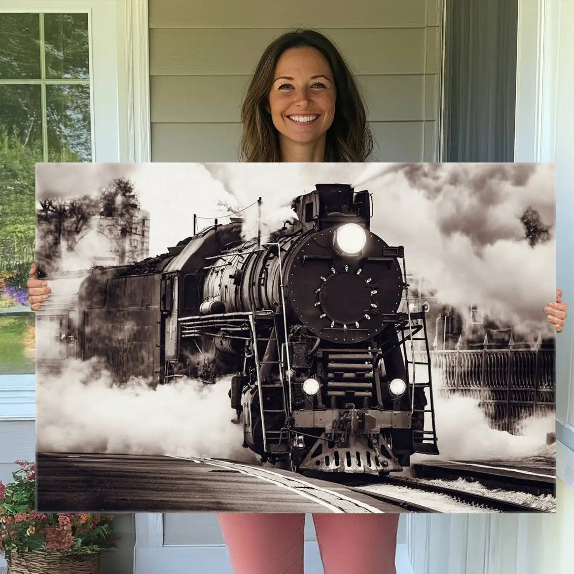 29695-MGV-CV-36X24-Black and White Steam Locomotive Canvas Wall Art Print