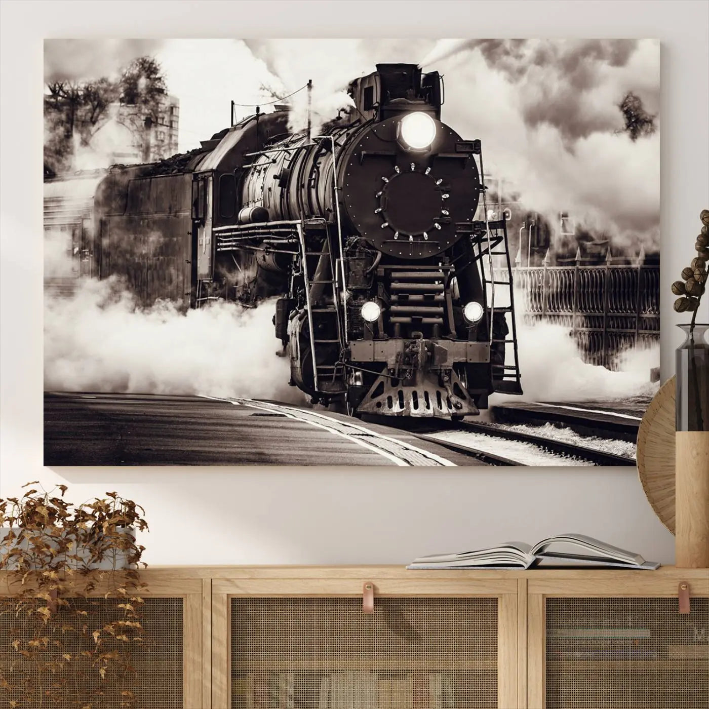 29695-MGV-CV-36X24-Black and White Steam Locomotive Canvas Wall Art Print