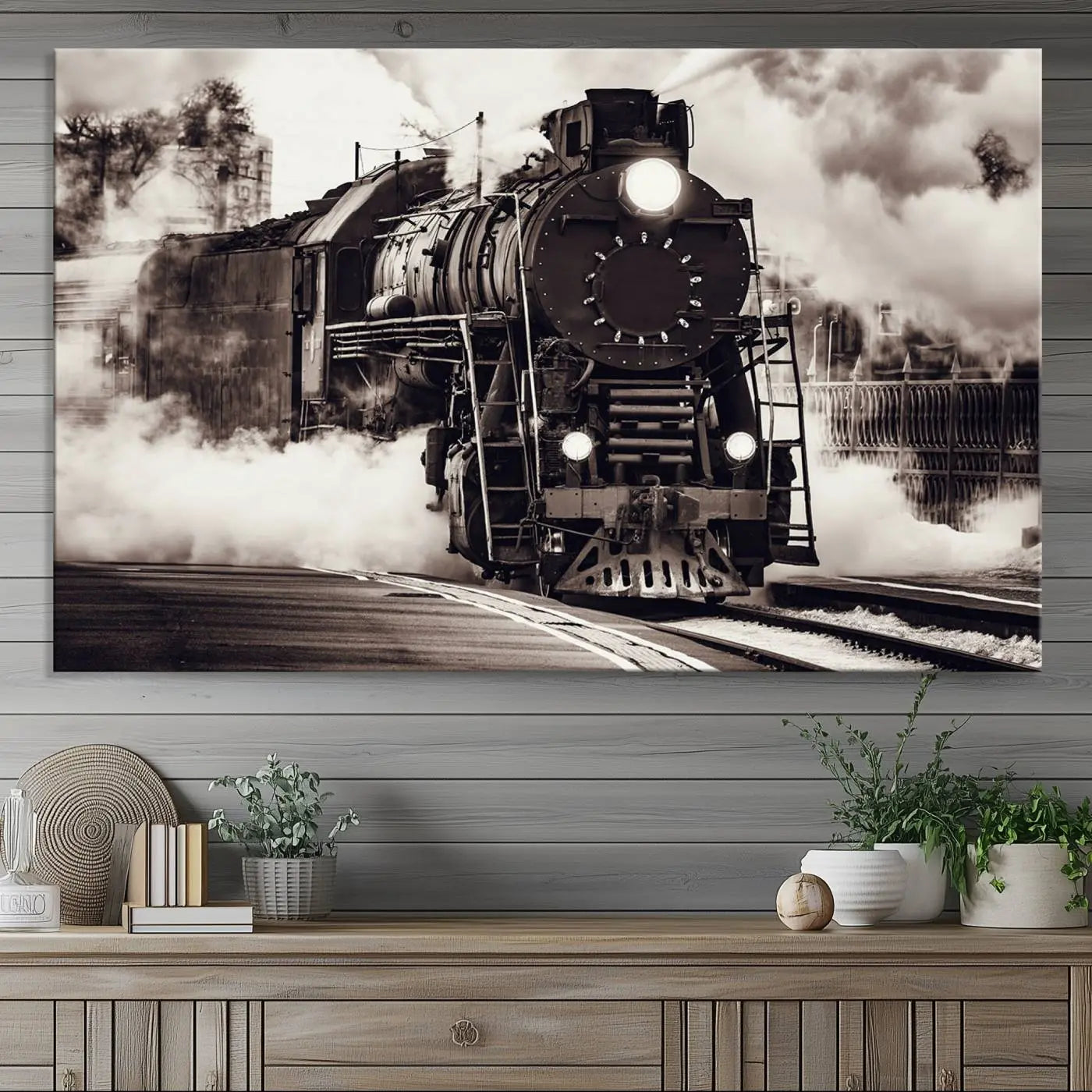 -Black and White Steam Locomotive Canvas Wall Art Print