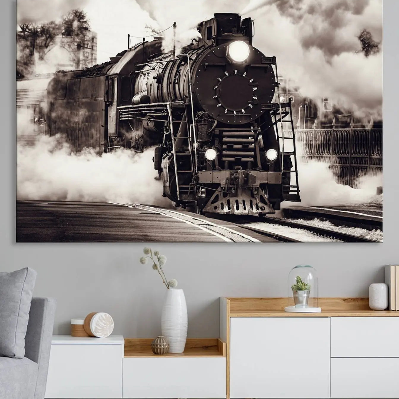 29695-MGV-CV-36X24-Black and White Steam Locomotive Canvas Wall Art Print