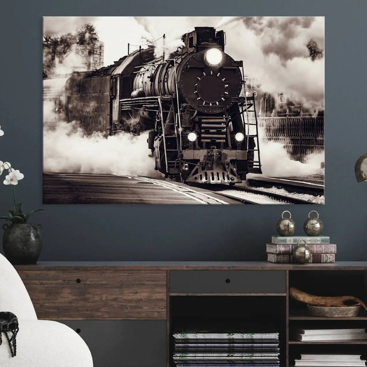 29695-MGV-CV-36X24-Black and White Steam Locomotive Canvas Wall Art Print