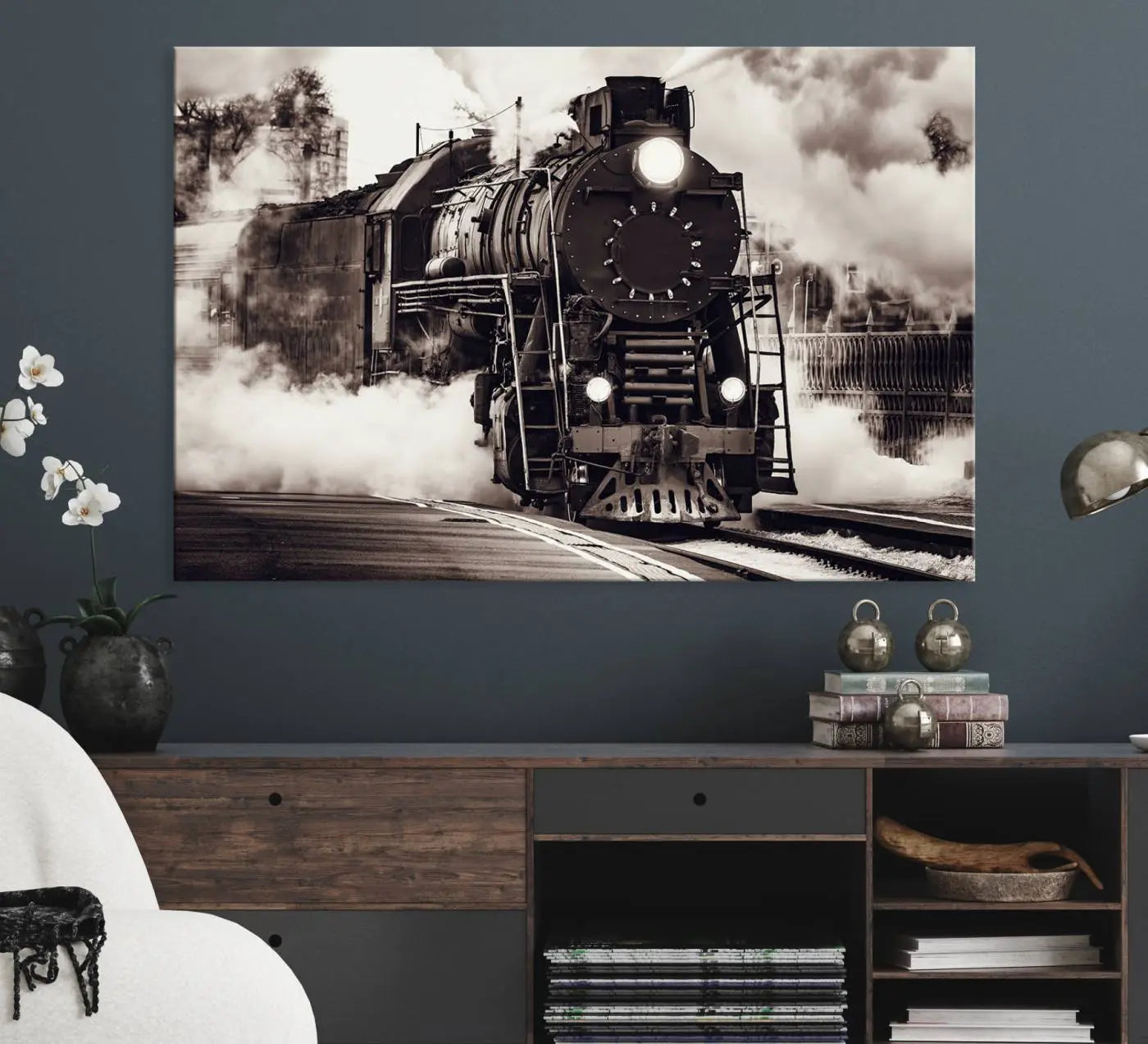 -Black and White Steam Locomotive Canvas Wall Art Print