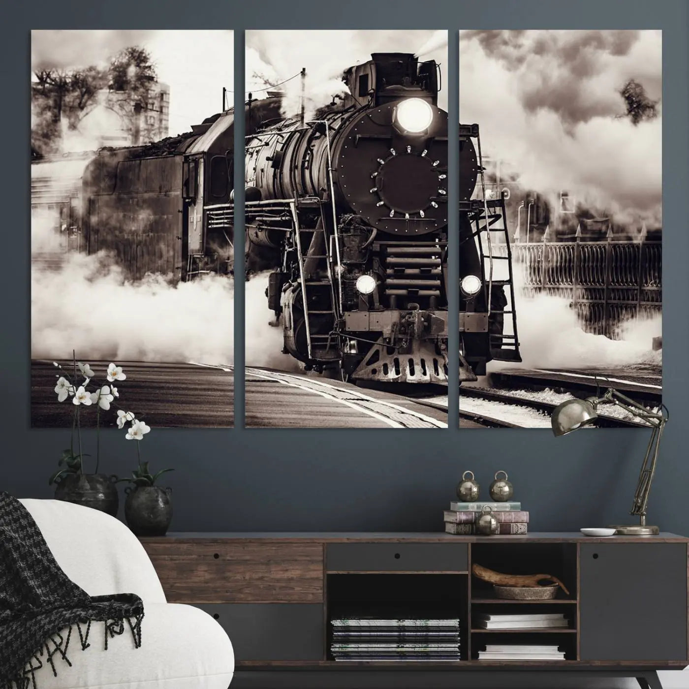 29695-MGV-CV-48X32-3P-Black and White Steam Locomotive Canvas Wall Art Print