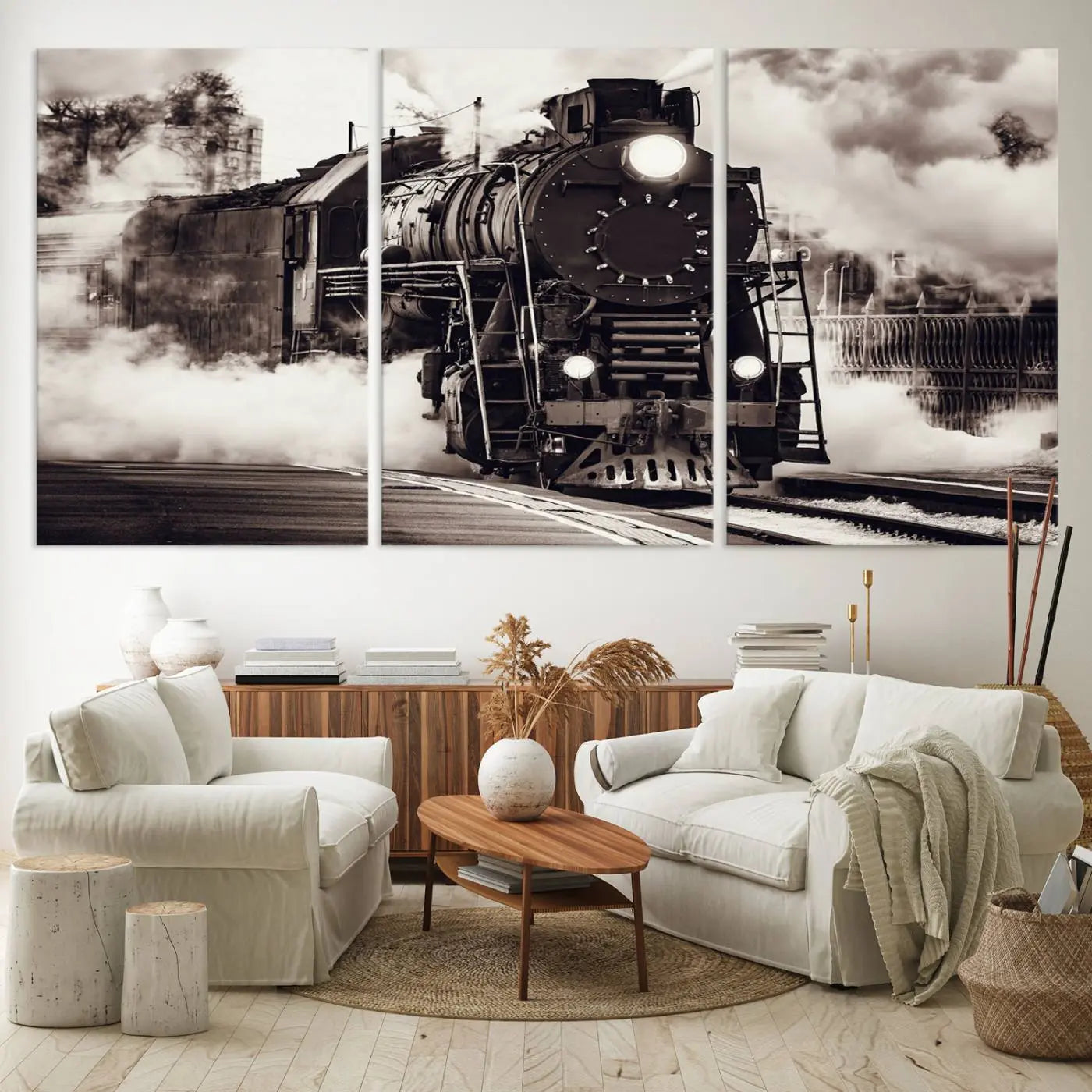 29695-MGV-CV-60X30-3P-Black and White Steam Locomotive Canvas Wall Art Print