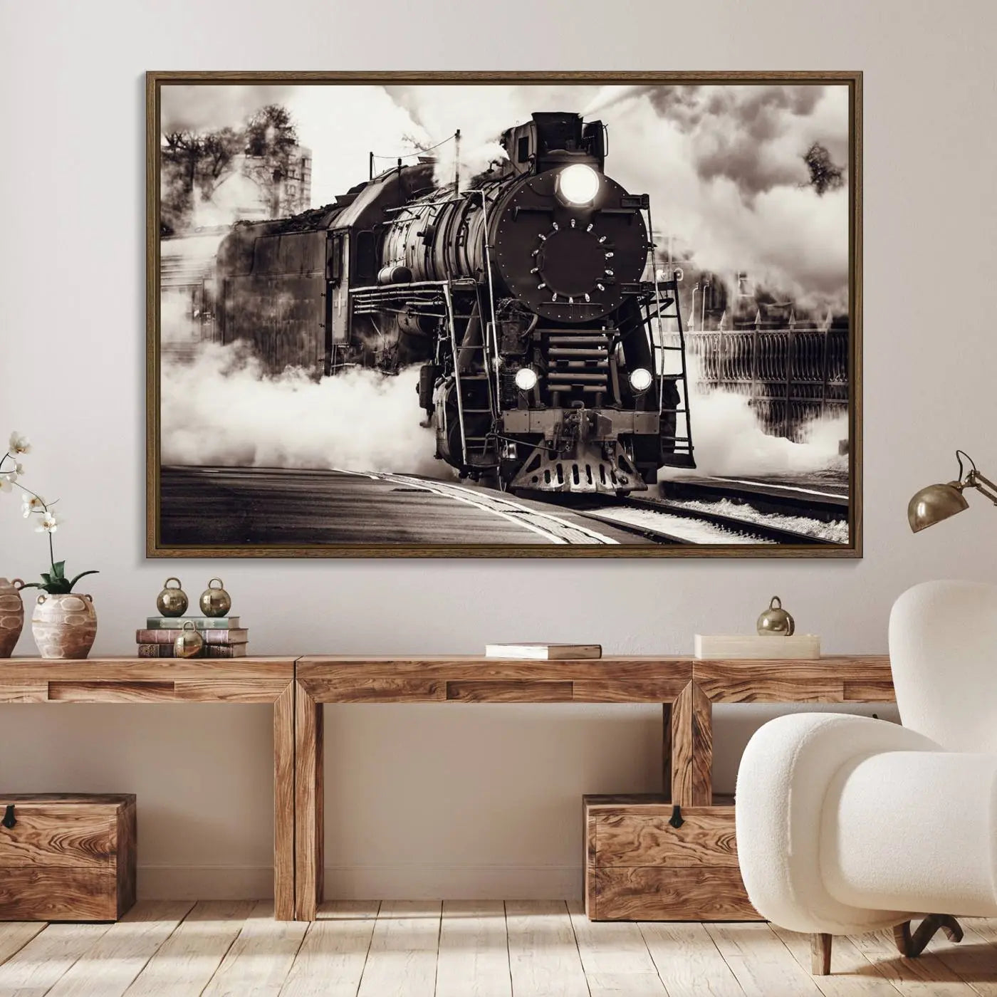 29695-MGV-FC-36X24_Walnut-Black and White Steam Locomotive Canvas Wall Art Print