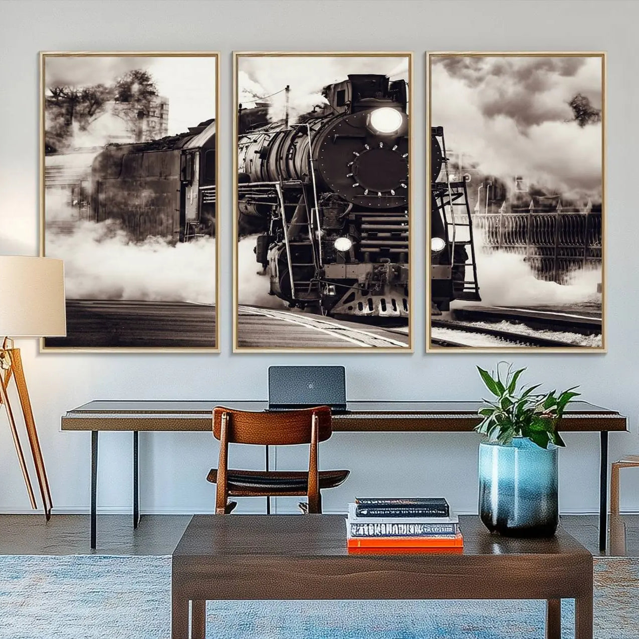 29695-MGV-FC-48X32-3P_Natural-Black and White Steam Locomotive Canvas Wall Art Print