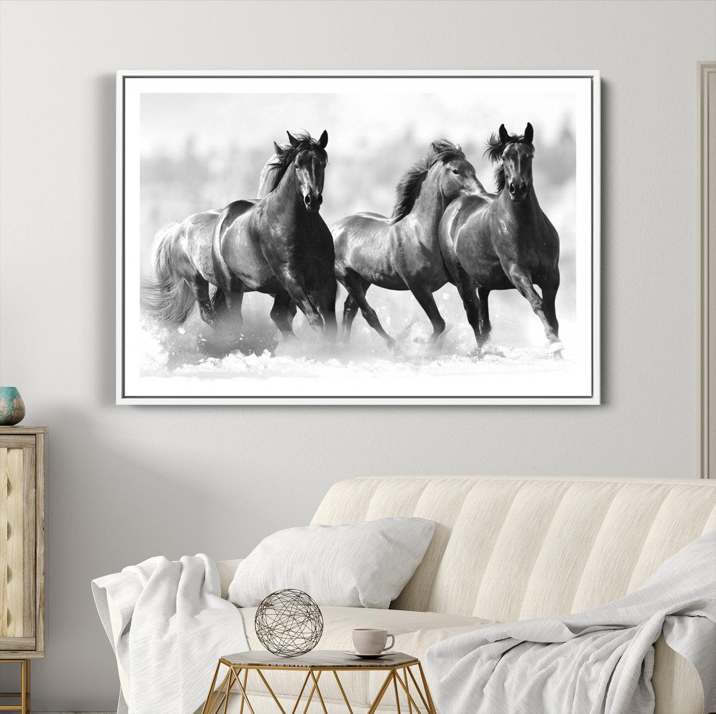 95472-MGC-FP-36x24-Black and White Wild Horses Wall Art Canvas | 3 Panel Large Running Horses Art for Living Room or