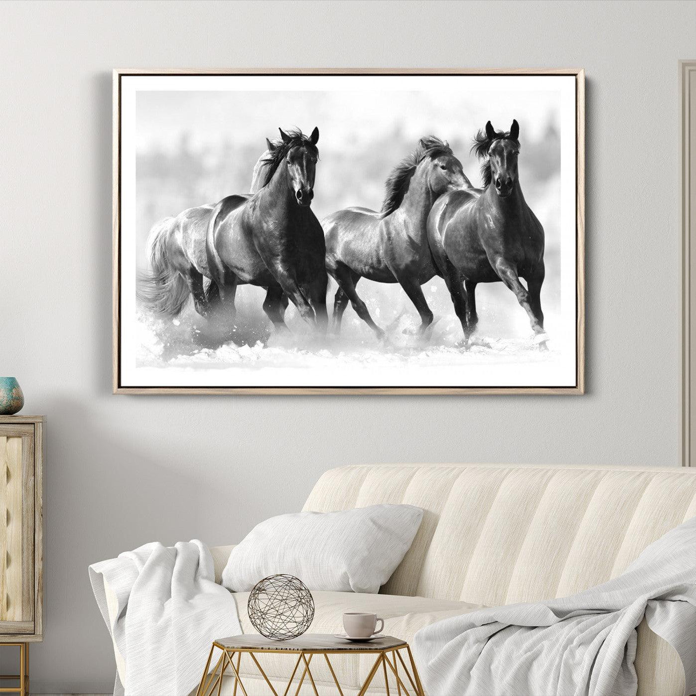 -Black and White Wild Horses Wall Art Canvas | 3 Panel Large Running Horses Art for Living Room or