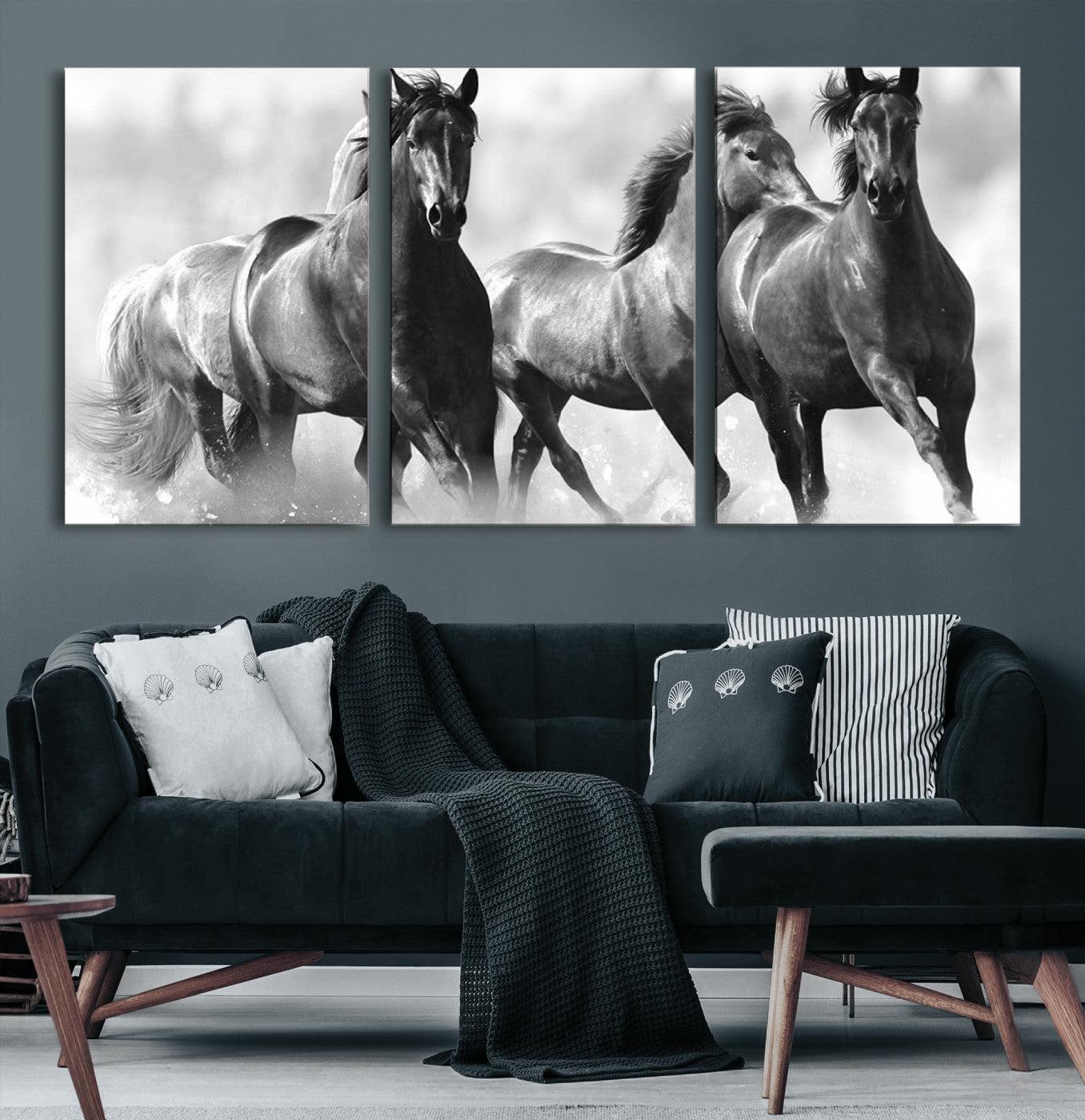 -Black and White Wild Horses Wall Art Canvas | 3 Panel Large Running Horses Art for Living Room or