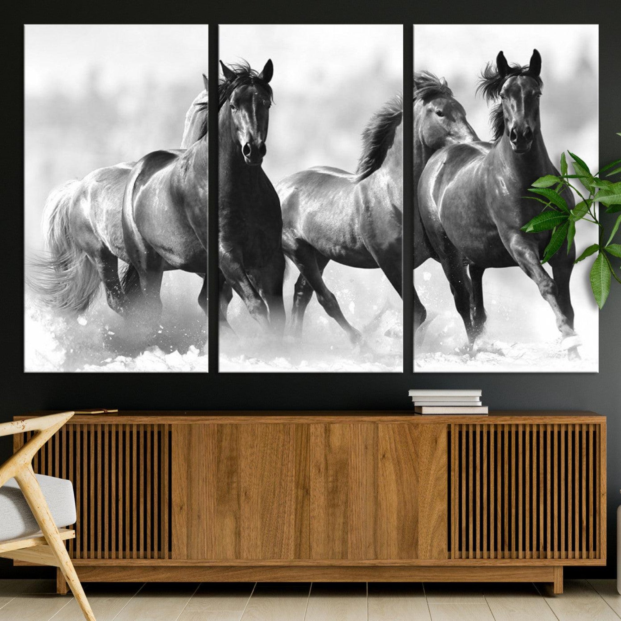 95472-MGV-CV-36X24-Black and White Wild Horses Wall Art Canvas | 3 Panel Large Running Horses Art for Living Room or
