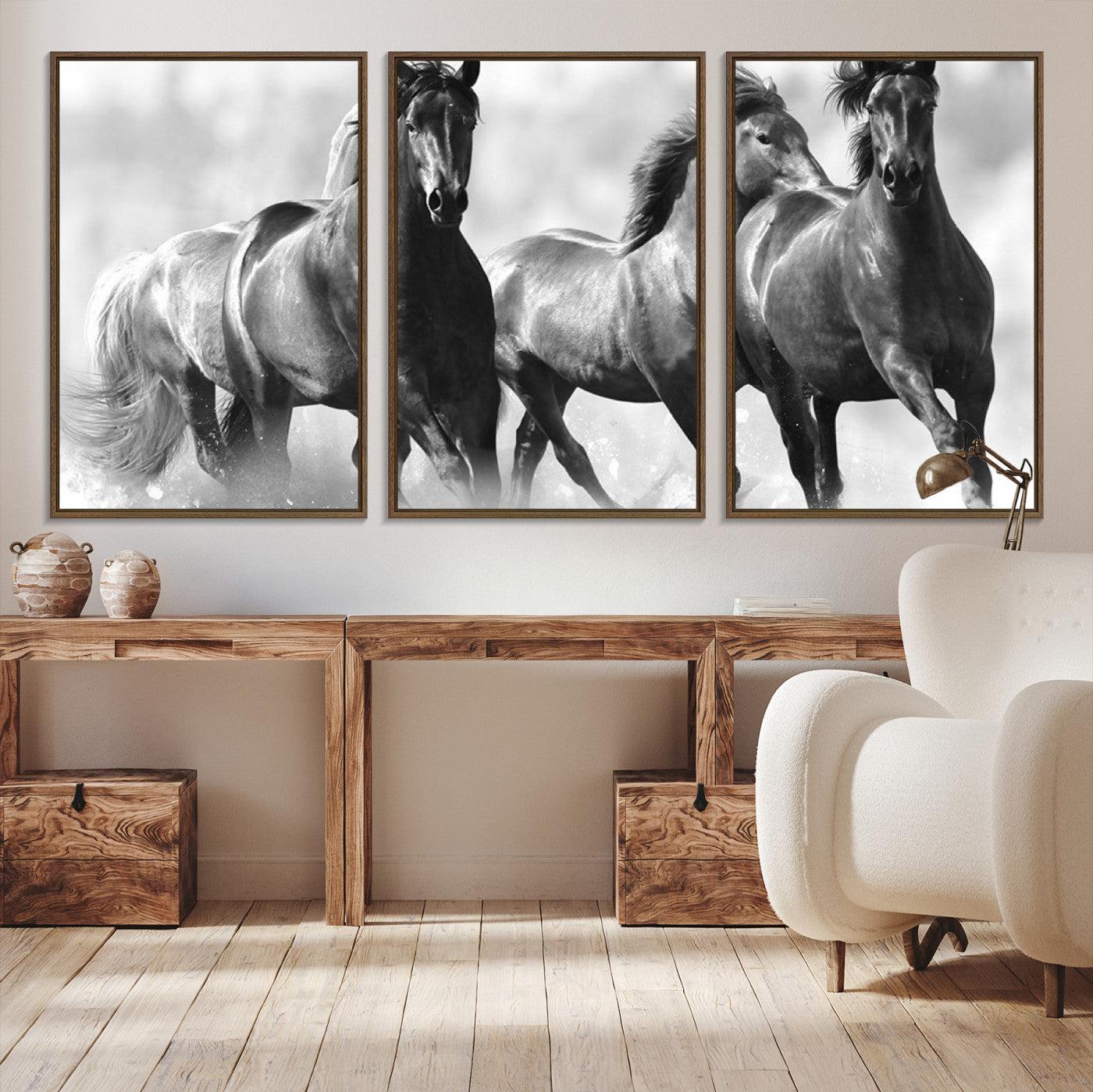 -Black and White Wild Horses Wall Art Canvas | 3 Panel Large Running Horses Art for Living Room or