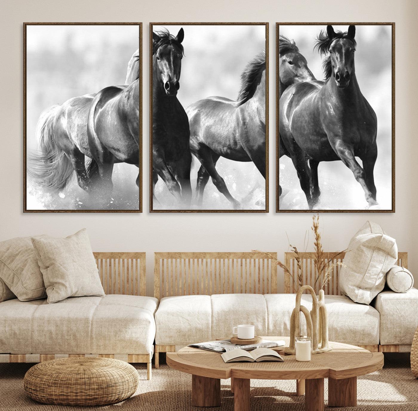 -Black and White Wild Horses Wall Art Canvas | 3 Panel Large Running Horses Art for Living Room or