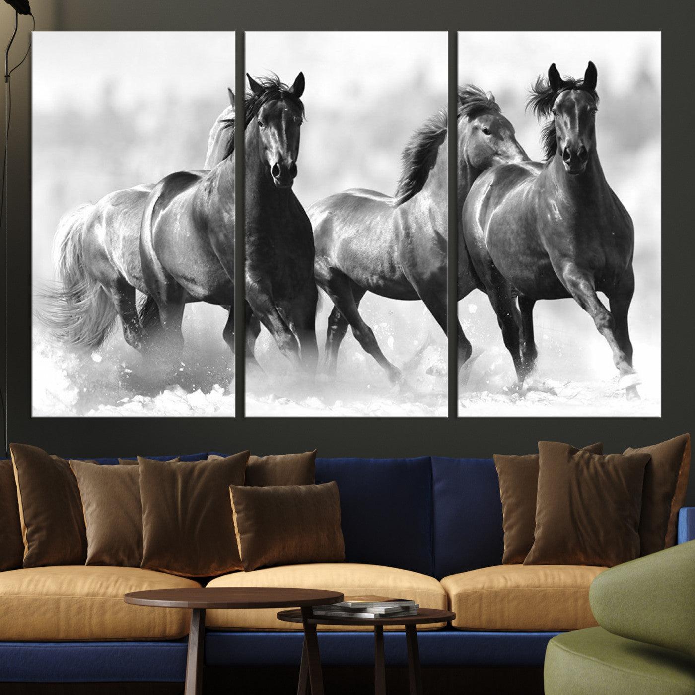 95472-MGV-CV-36X24-Black and White Wild Horses Wall Art Canvas | 3 Panel Large Running Horses Art for Living Room or