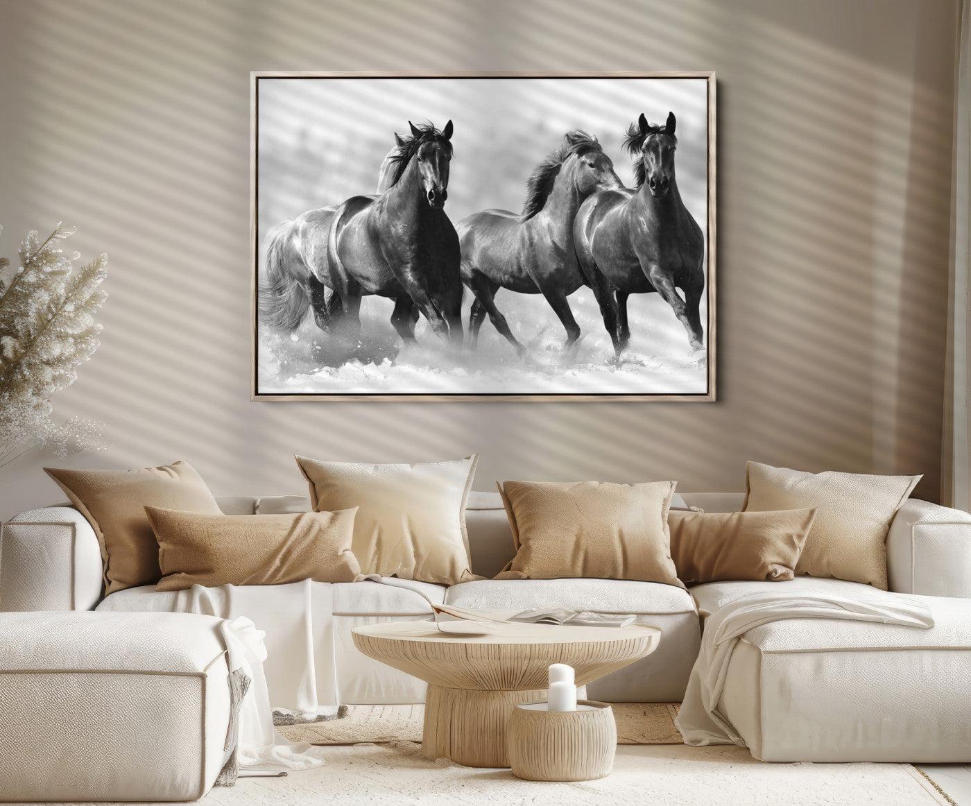 95472-MGV-FC-36X24_Natural-Black and White Wild Horses Wall Art Canvas | 3 Panel Large Running Horses Art for Living Room or