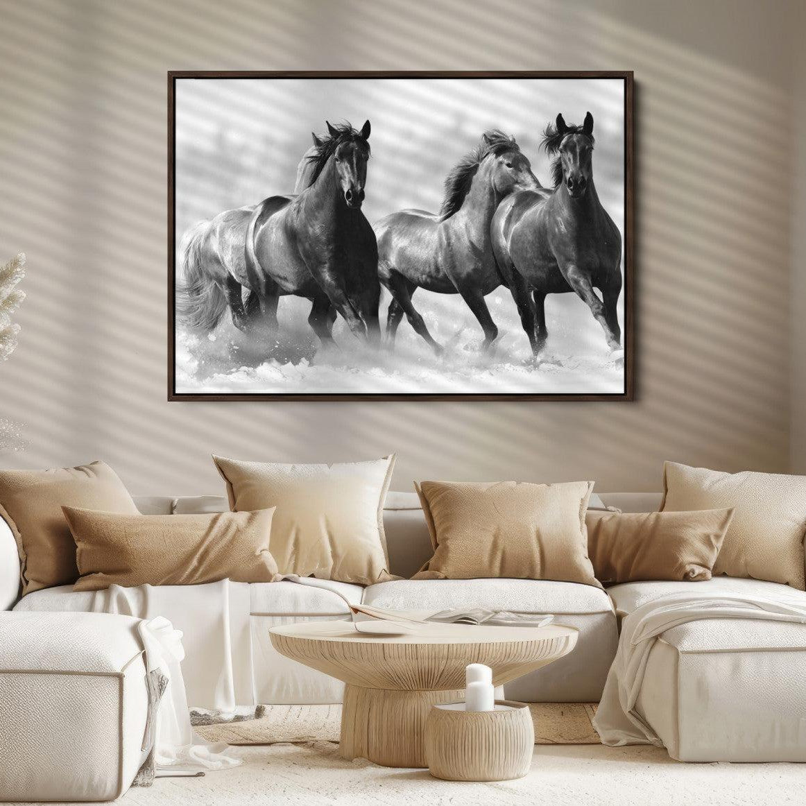 95472-MGV-FC-36X24_Walnut-Black and White Wild Horses Wall Art Canvas | 3 Panel Large Running Horses Art for Living Room or