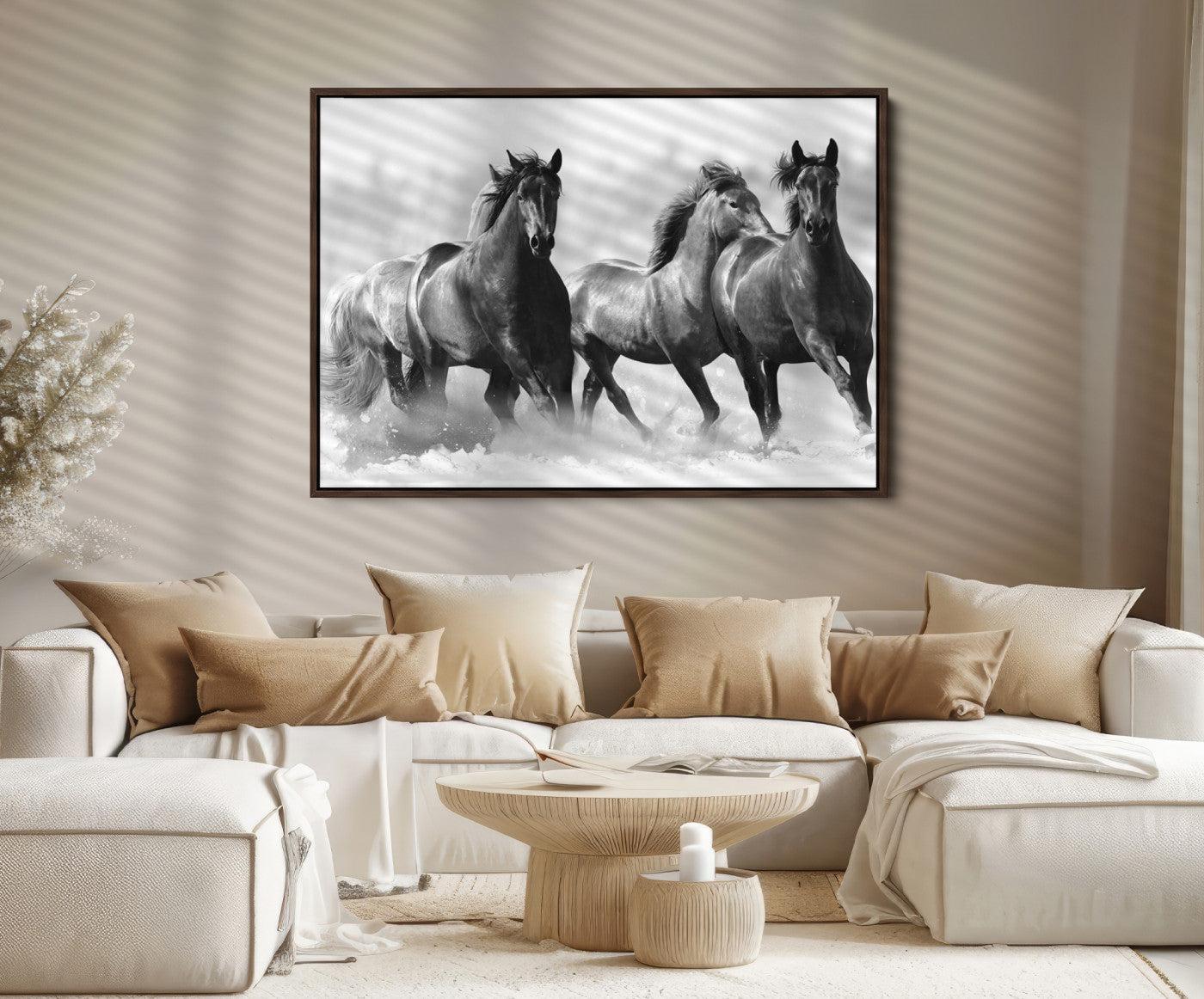 95472-MGV-FC-36X24_Walnut-Black and White Wild Horses Wall Art Canvas | 3 Panel Large Running Horses Art for Living Room or