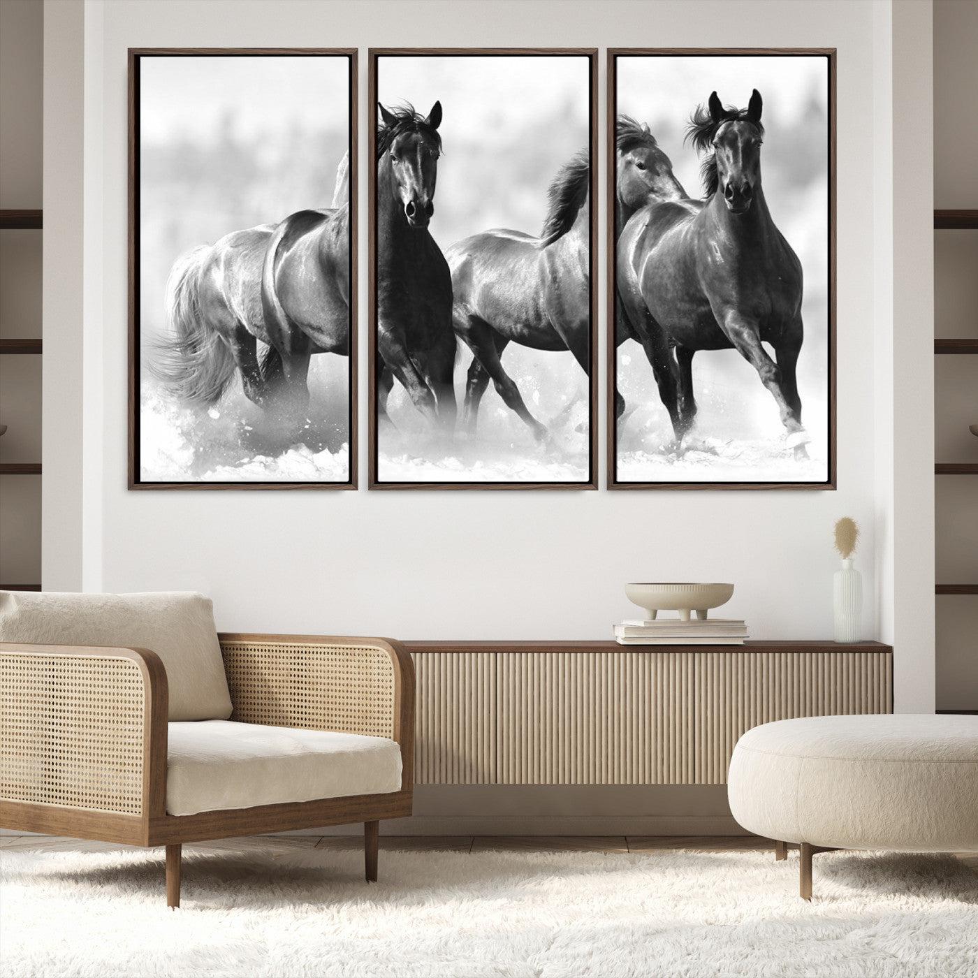 95472-MGV-FC-48X32-3P_Walnut-Black and White Wild Horses Wall Art Canvas | 3 Panel Large Running Horses Art for Living Room or