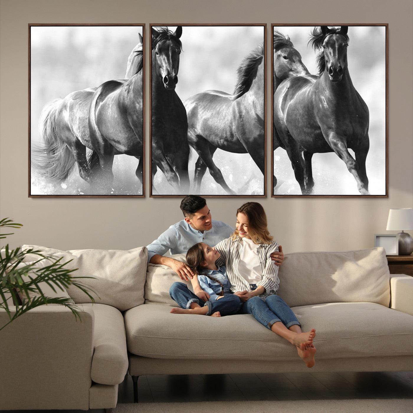 95472-MGV-FC-60X30-3P_Walnut-Black and White Wild Horses Wall Art Canvas | 3 Panel Large Running Horses Art for Living Room or