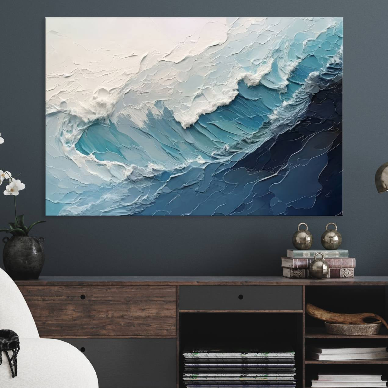 23887-MGV-CV-36X24-Blue Abstract Wave Ocean Wall Art Canvas Print – Modern Coastal Seascape Nature Artwork for Home, Office, Living Room