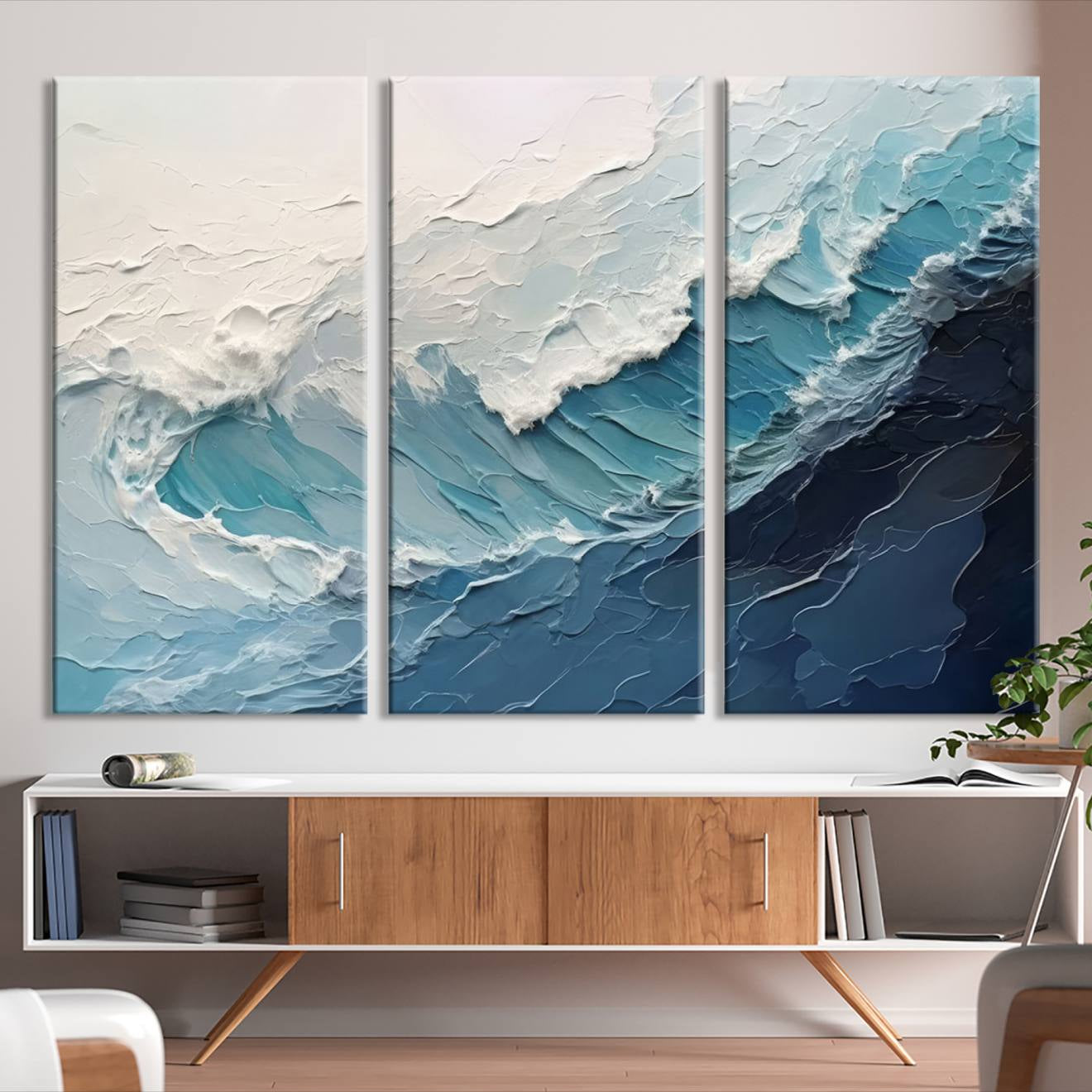 23887-MGV-CV-36X24-Blue Abstract Wave Ocean Wall Art Canvas Print – Modern Coastal Seascape Nature Artwork for Home, Office, Living Room