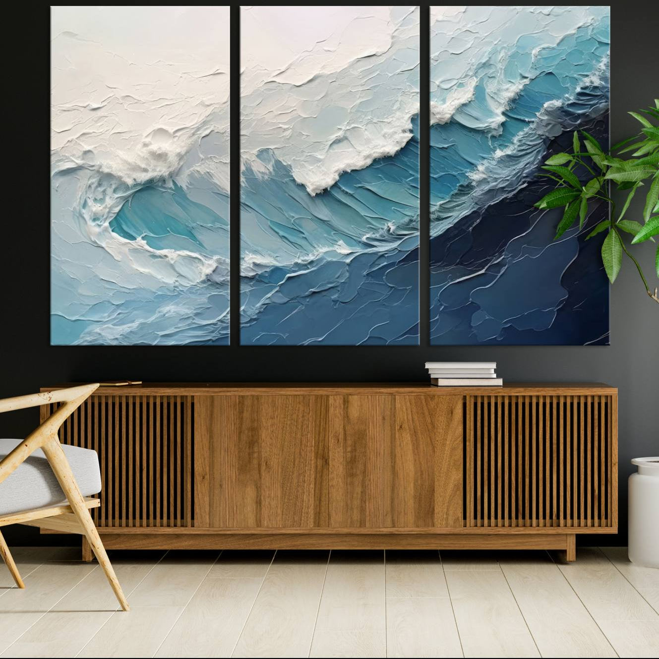 23887-MGV-CV-36X24-Blue Abstract Wave Ocean Wall Art Canvas Print – Modern Coastal Seascape Nature Artwork for Home, Office, Living Room