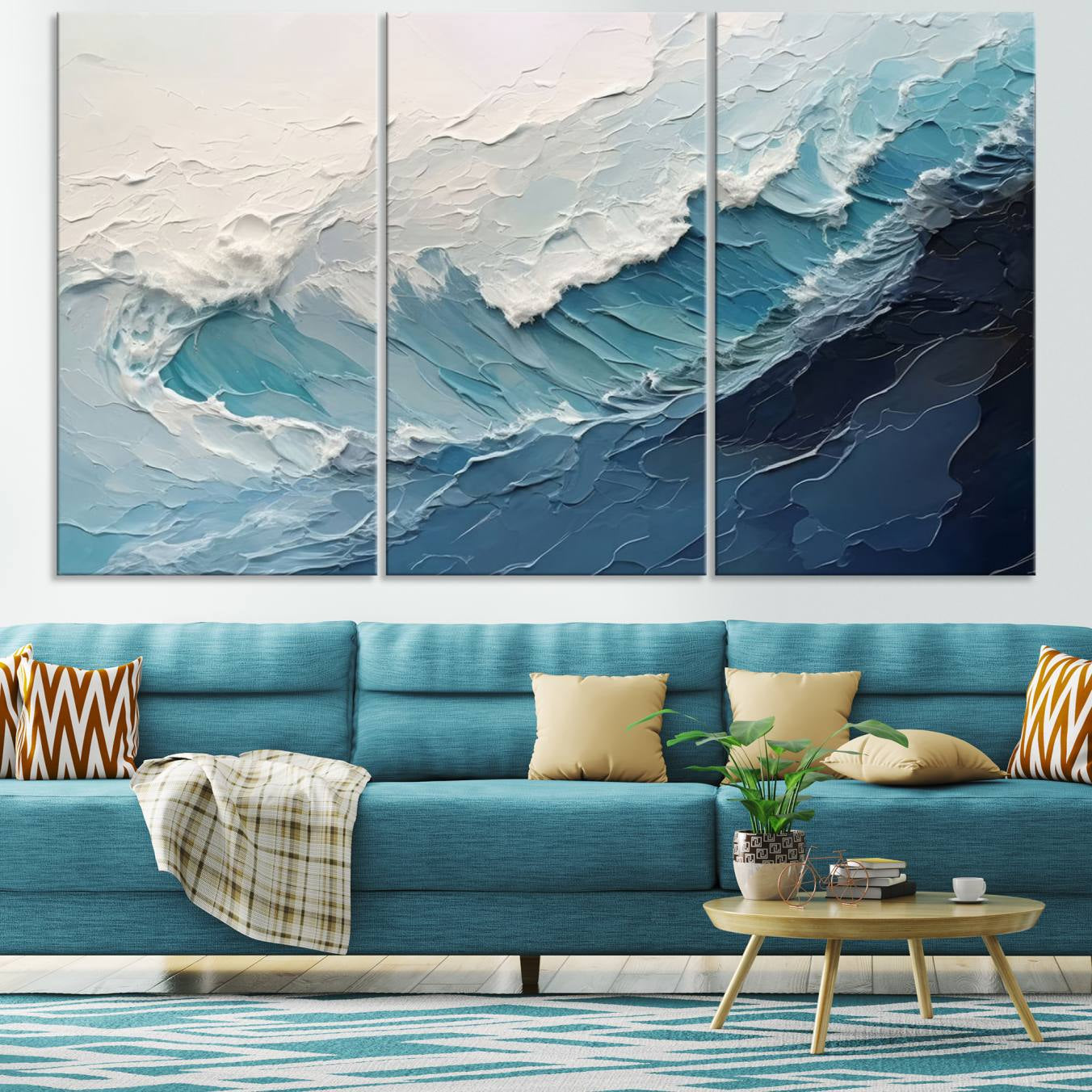 23887-MGV-CV-36X24-Blue Abstract Wave Ocean Wall Art Canvas Print – Modern Coastal Seascape Nature Artwork for Home, Office, Living Room