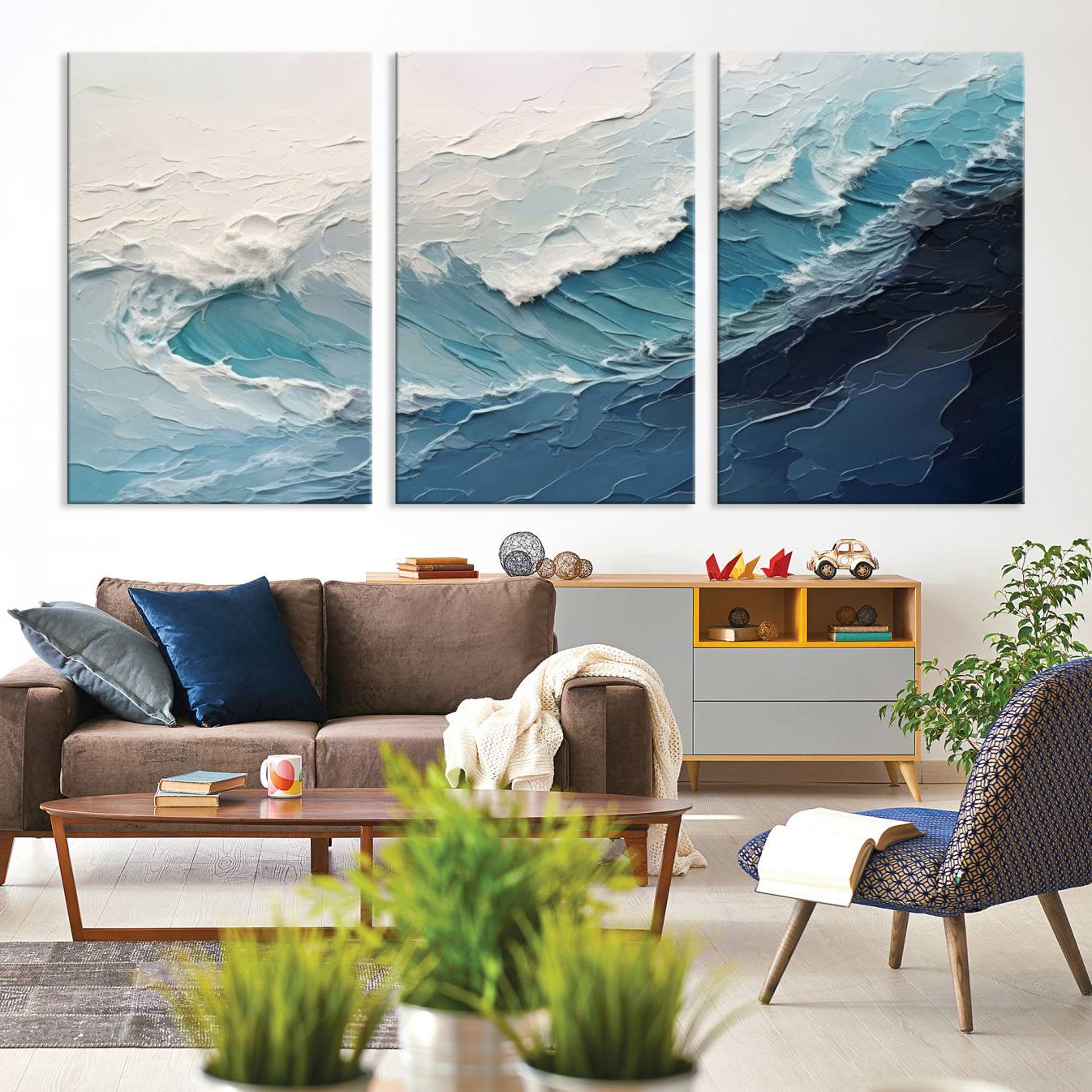 23887-MGV-CV-36X24-Blue Abstract Wave Ocean Wall Art Canvas Print – Modern Coastal Seascape Nature Artwork for Home, Office, Living Room